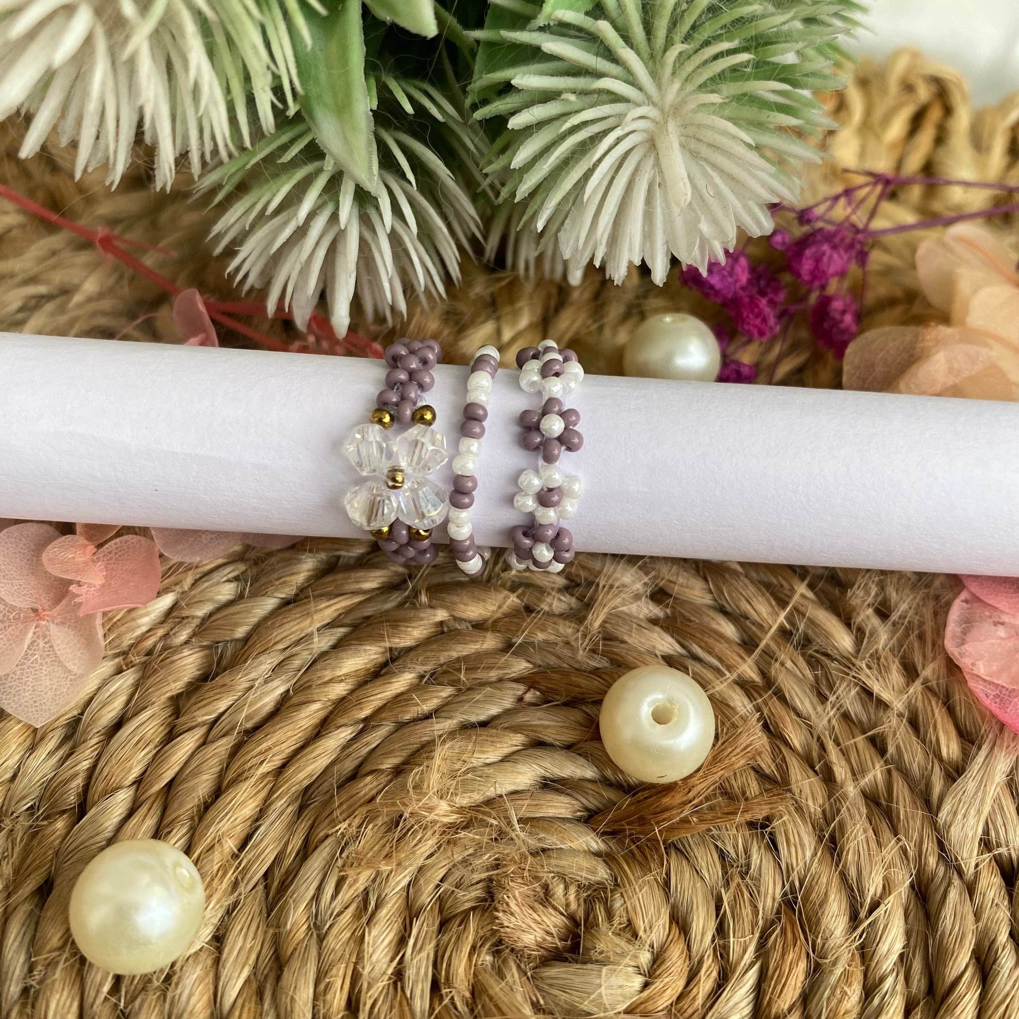 Flower Seed bead rings set of 3 - Fatatun