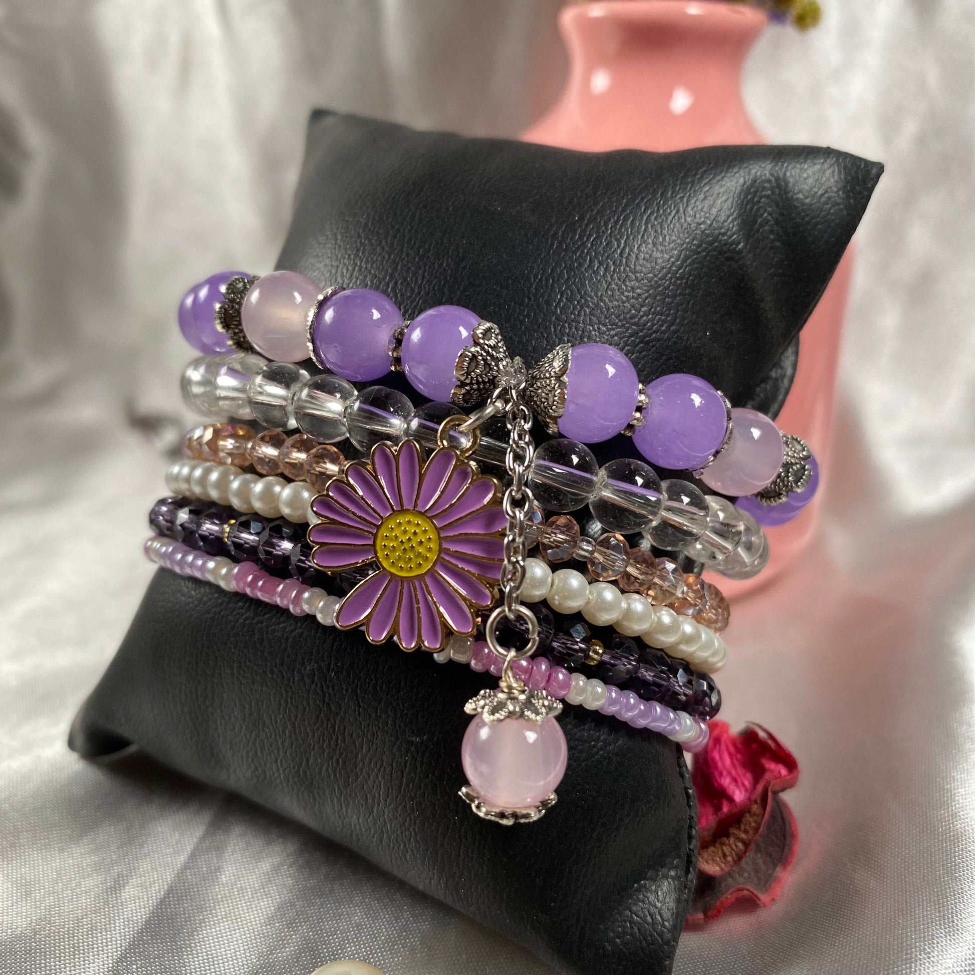 Purple stack bracelet set of 6 piece with charms - Fatatun