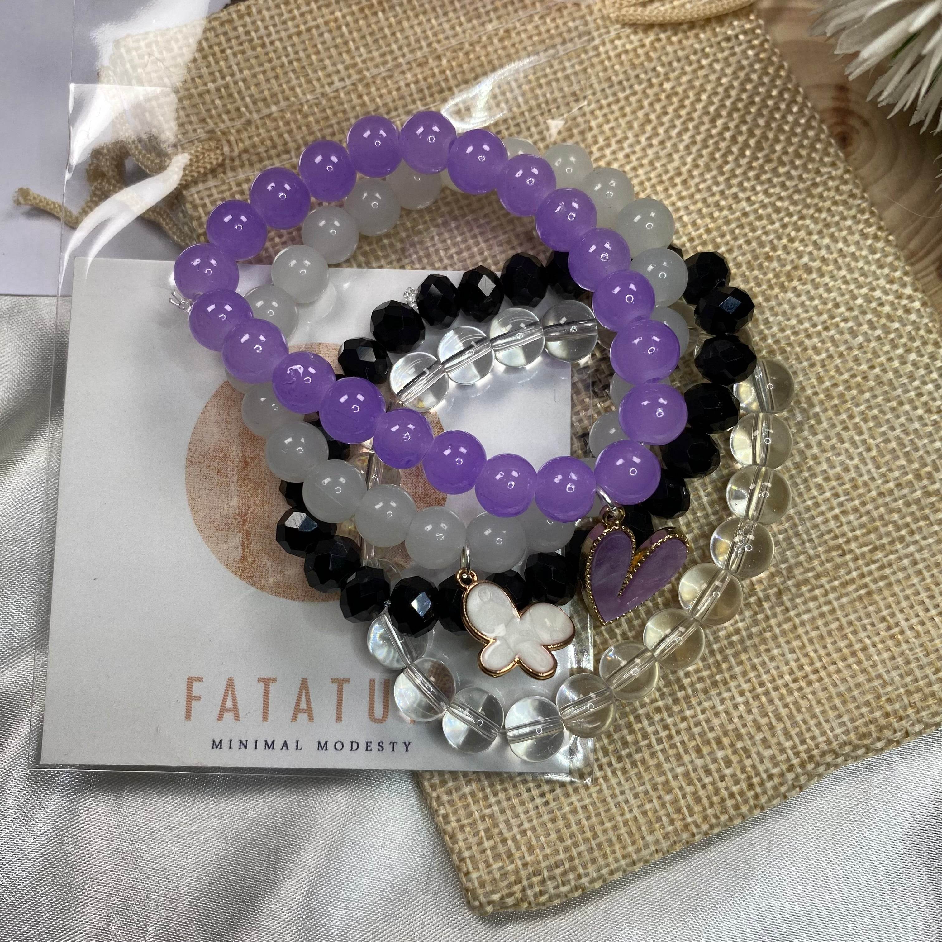 Stack Bracelets| Purple and Black bead with Chrams - Fatatun