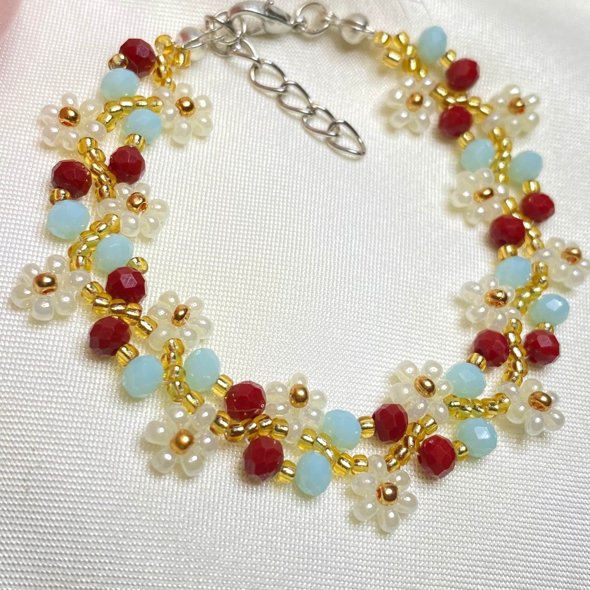 Daisy Flowers Bracelet | sea Blue with copper red | Double Daisy Design - Fatatun