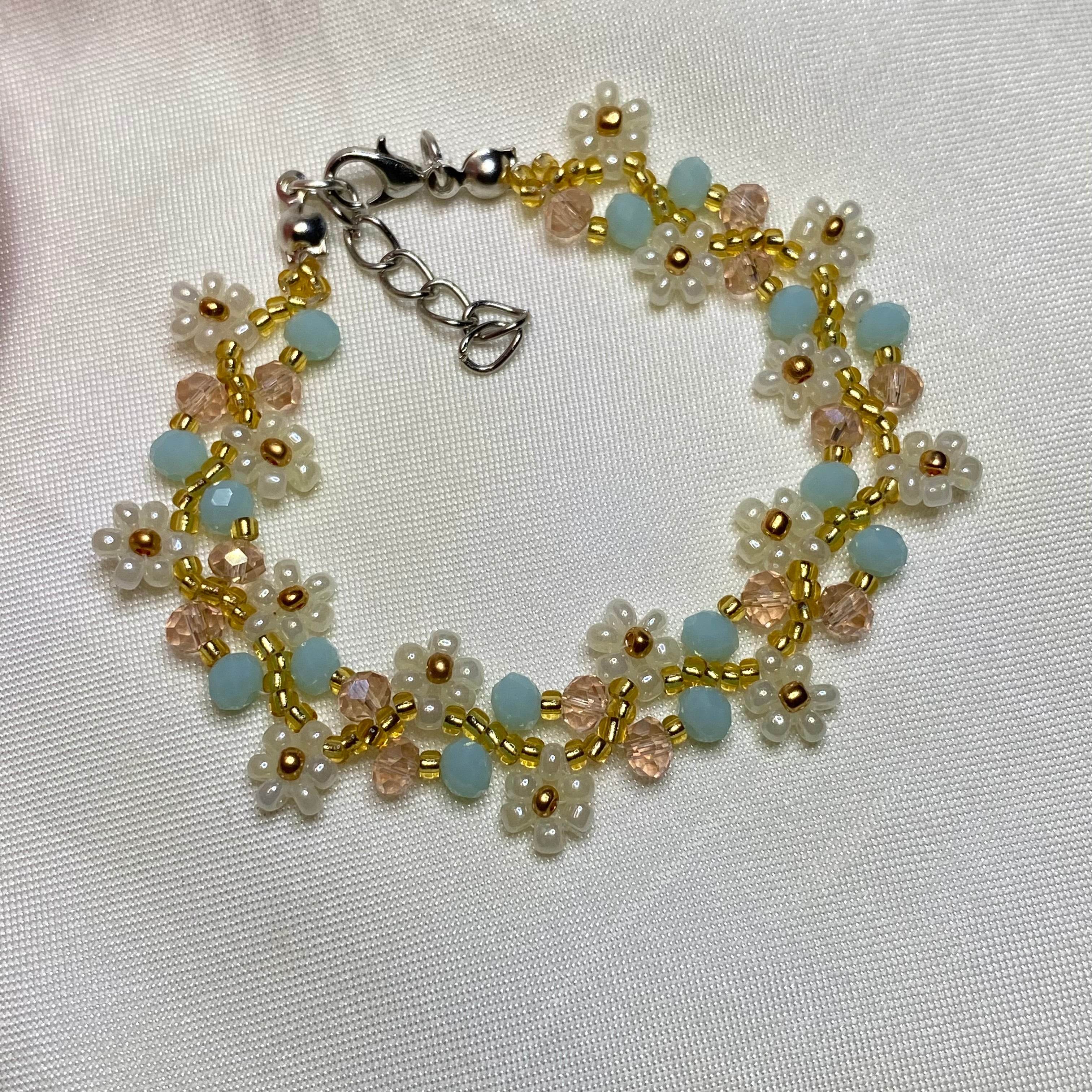 Daisy flowers Bracelet | Sea Blue with peach | Double Daisy Design - Fatatun