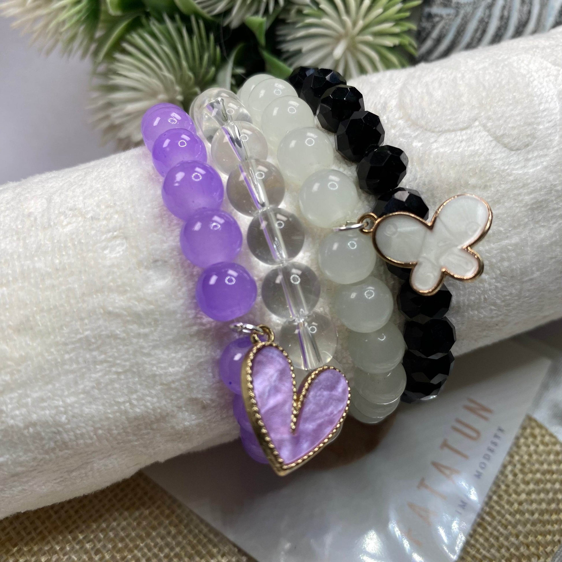 Stack Bracelets| Purple and Black bead with Chrams - Fatatun