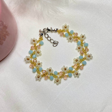 Daisy flowers Bracelet | Sea Blue with peach | Double Daisy Design - Fatatun