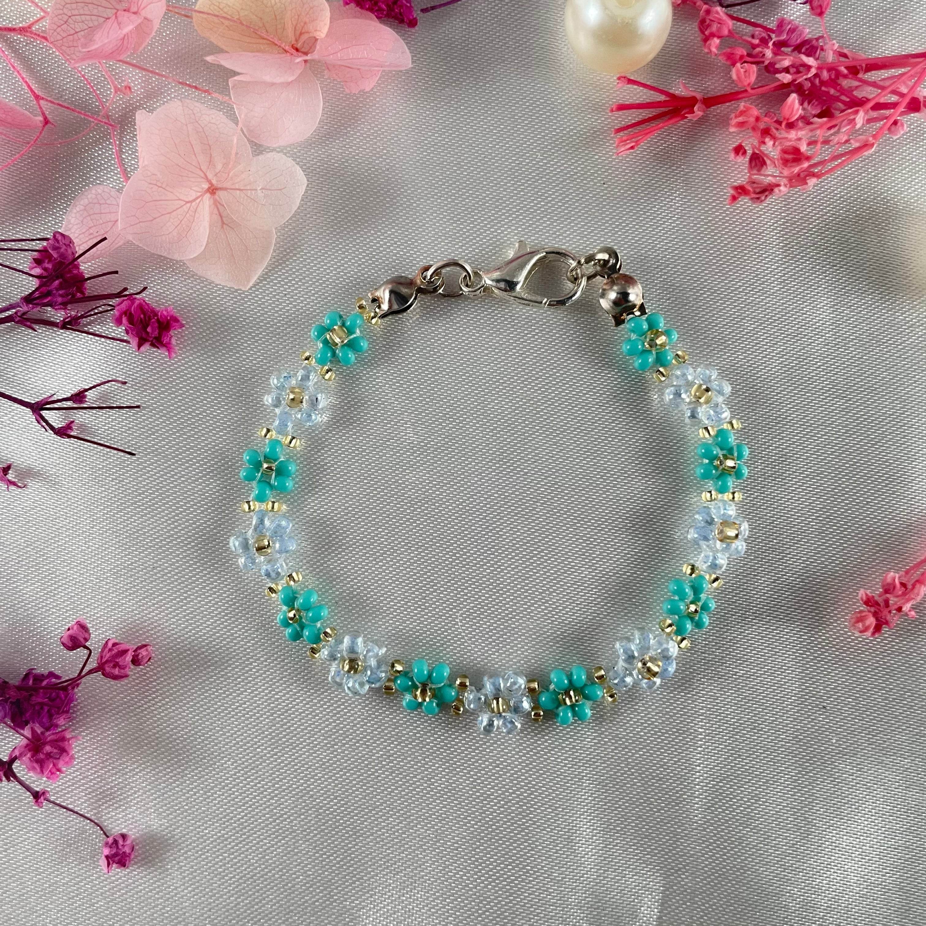 Daisy Flowers bracelet | pastel Blue & Tail Green, with Golden seed beads - Fatatun