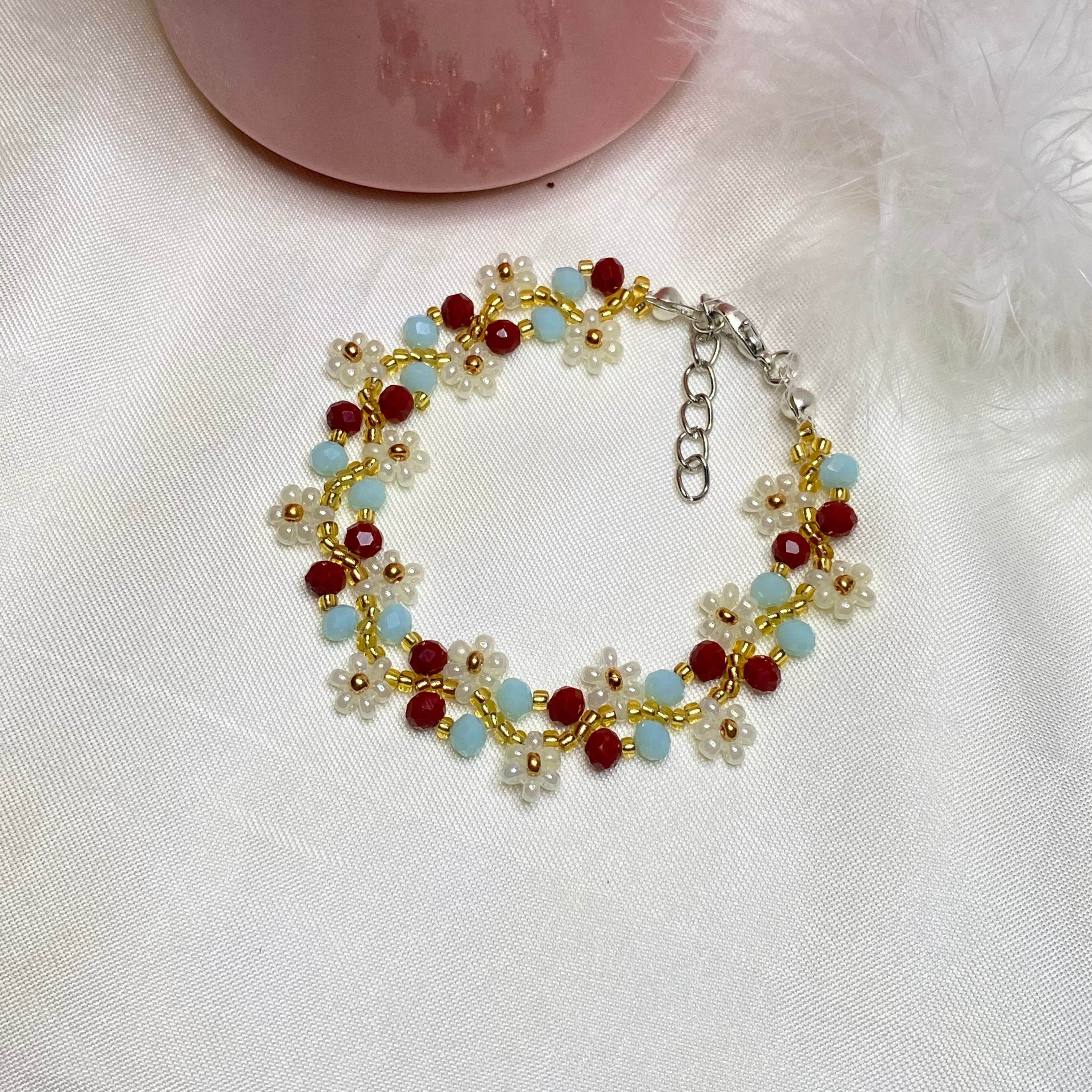 Daisy Flowers Bracelet | sea Blue with copper red | Double Daisy Design - Fatatun