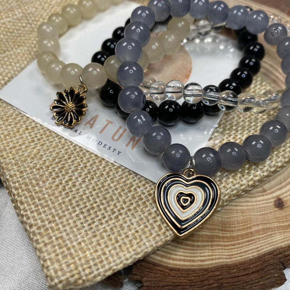 Stack bracelets set of 4 with Charms grey black - Fatatun