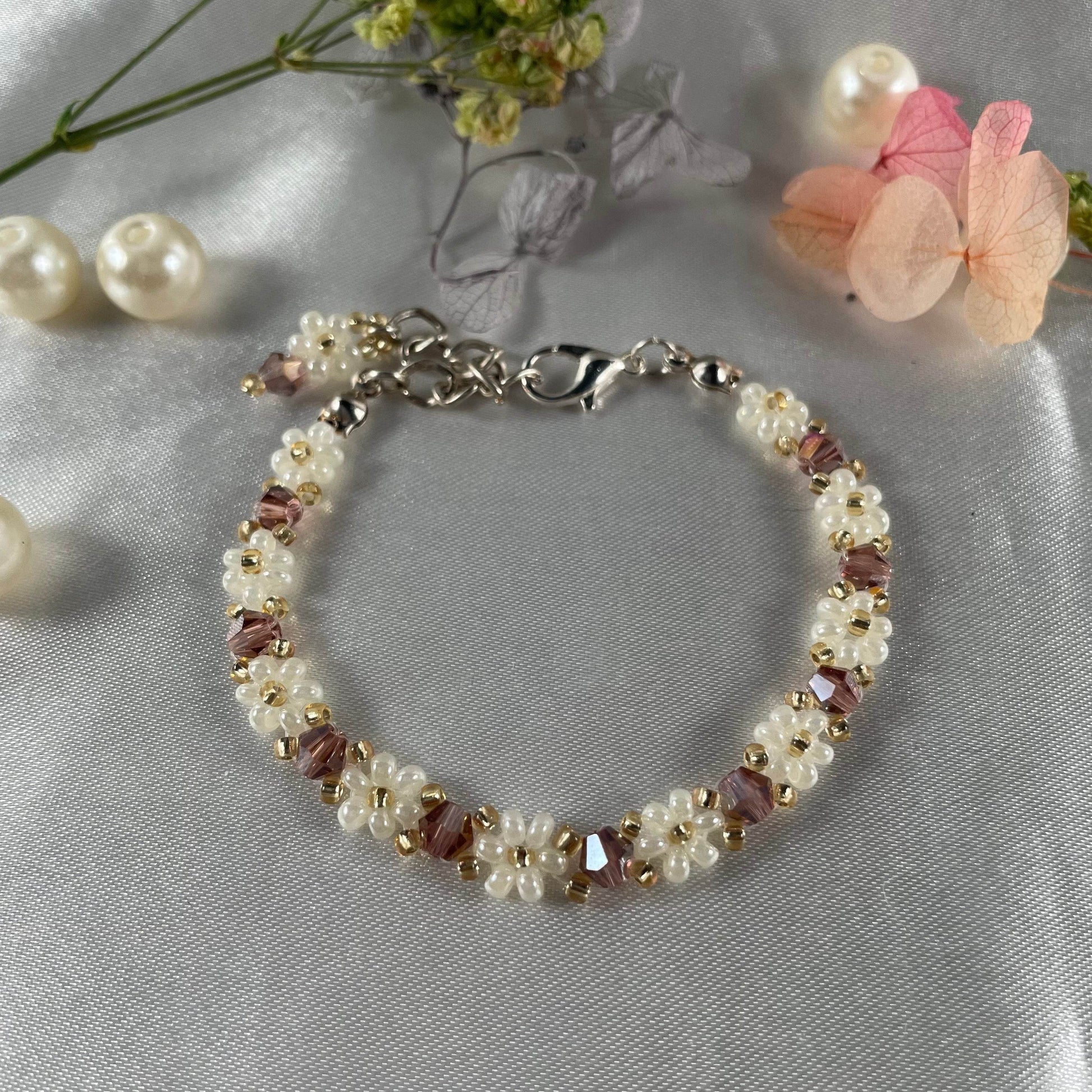 Daisy Flowers bracelet Bicon Crystal| Dark Mauve Crystal and Off-White, Golden beads - Fatatun