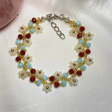 Daisy Flowers Bracelet | sea Blue with copper red | Double Daisy Design - Fatatun
