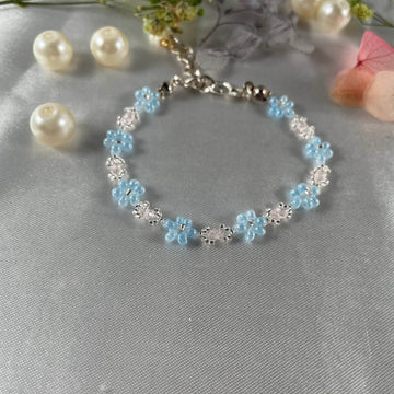 Daisy Flowers bracelet Rondella Crystal | Light Pink Crystal Light Blue and Silver line seed beads - Fatatun