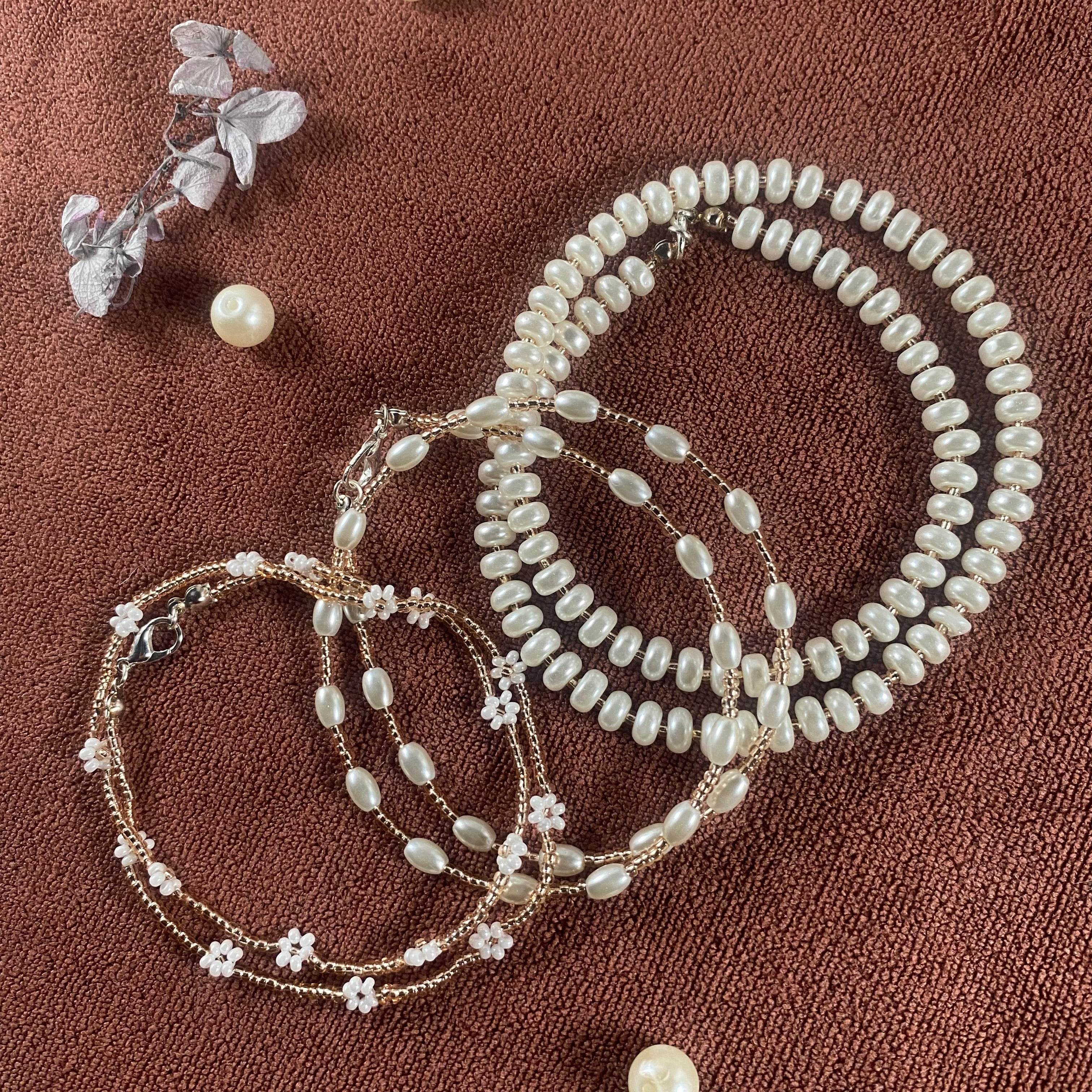 Necklace set 3 piece | Made with pearls and rose gold seed beads - Fatatun
