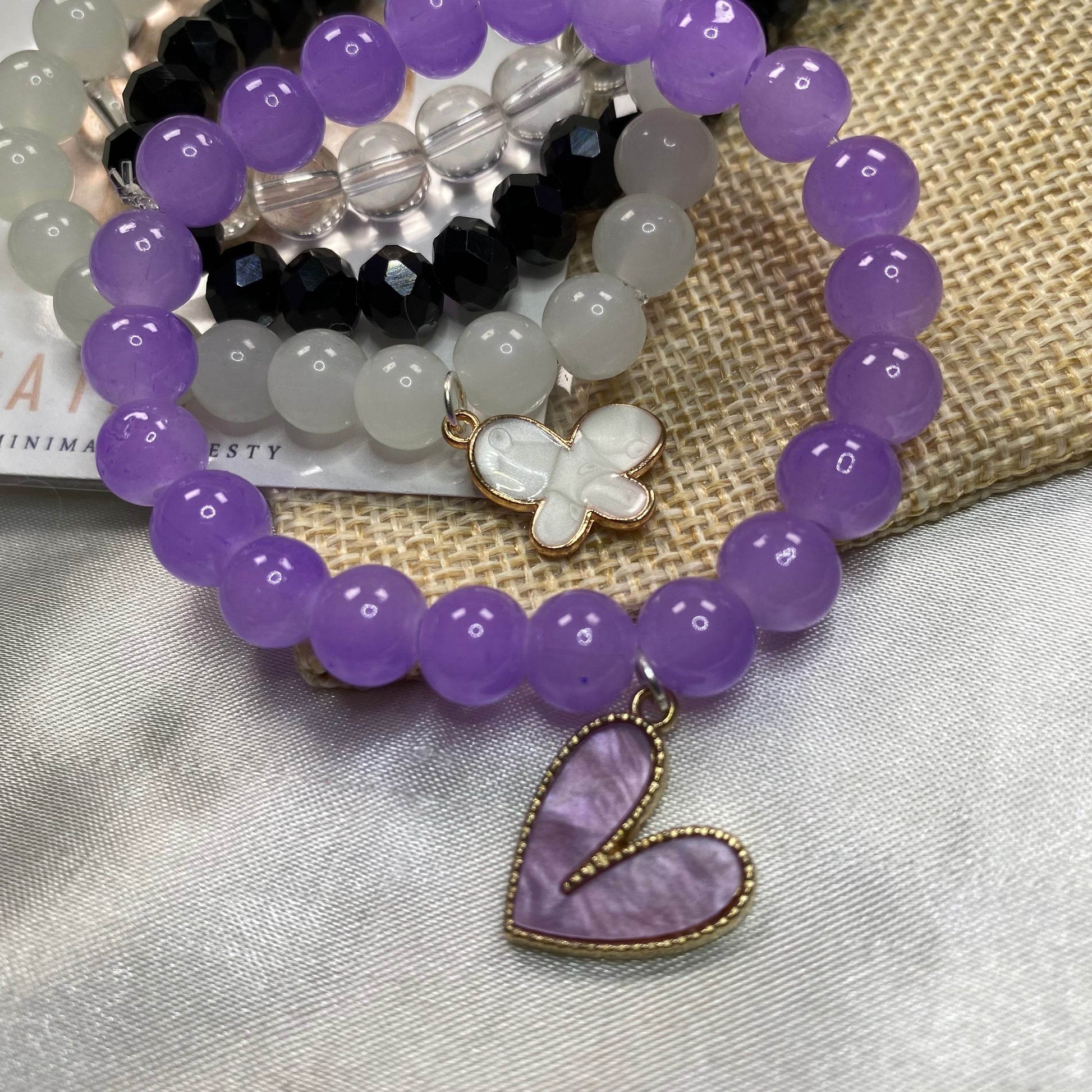 Stack Bracelets| Purple and Black bead with Chrams - Fatatun