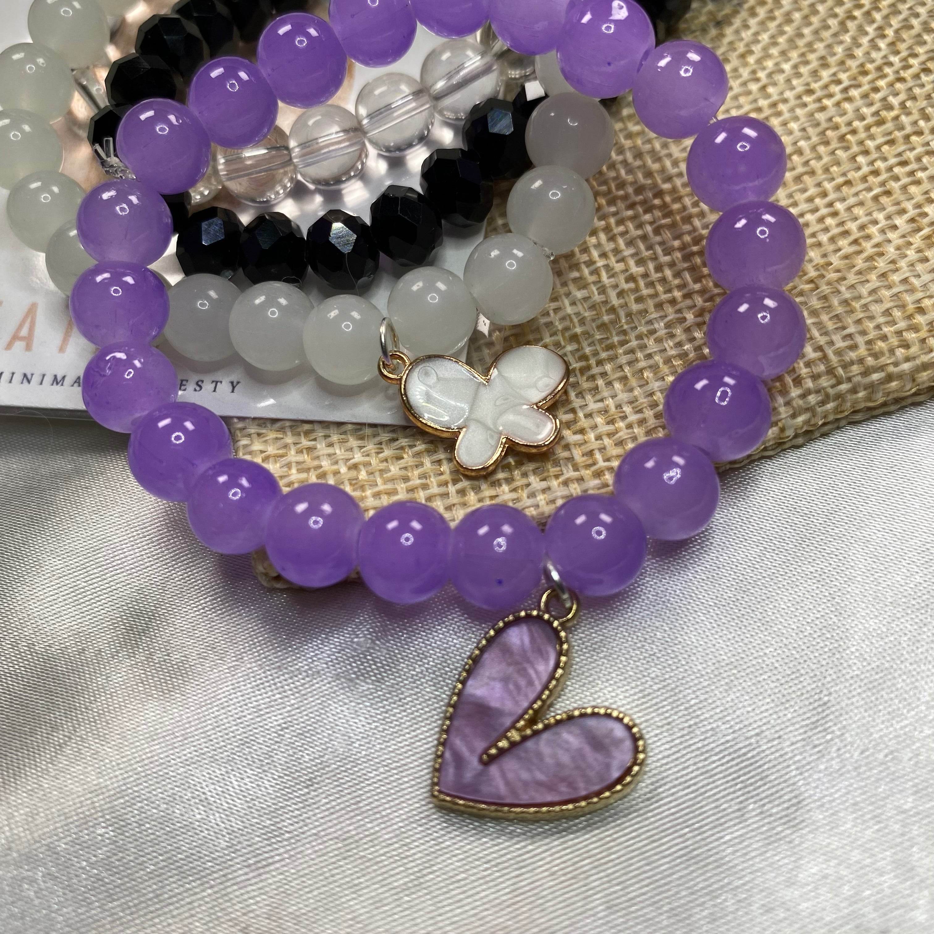 Stack Bracelets| Purple and Black bead with Chrams - Fatatun