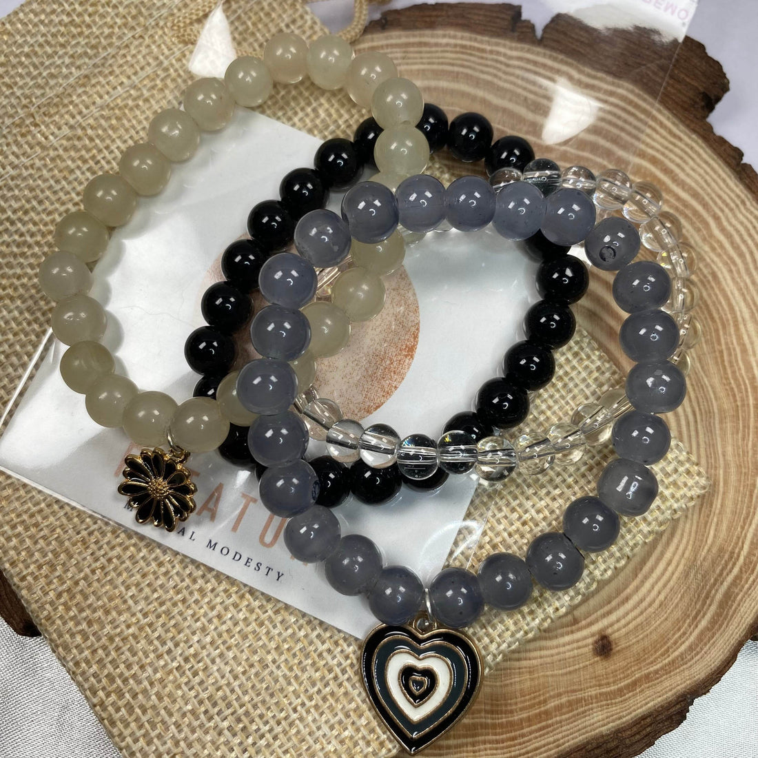 Stack bracelets set of 4 with Charms grey black - Fatatun
