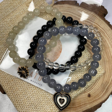 Stack bracelets set of 4 with Charms grey black - Fatatun