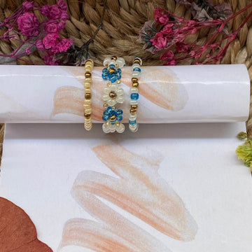 White and blue daisy flower rings set of 3 - Fatatun