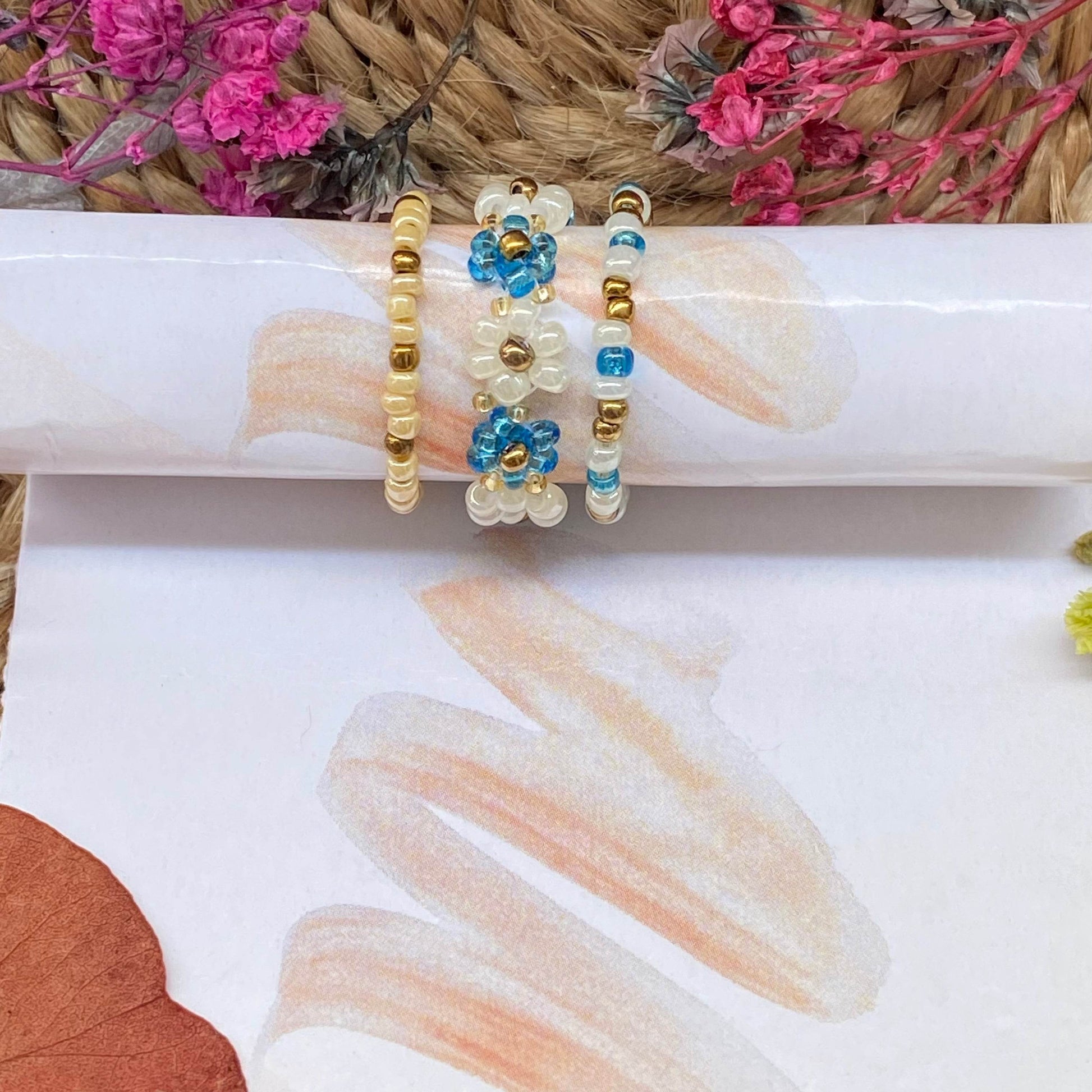 White and blue daisy flower rings set of 3 - Fatatun