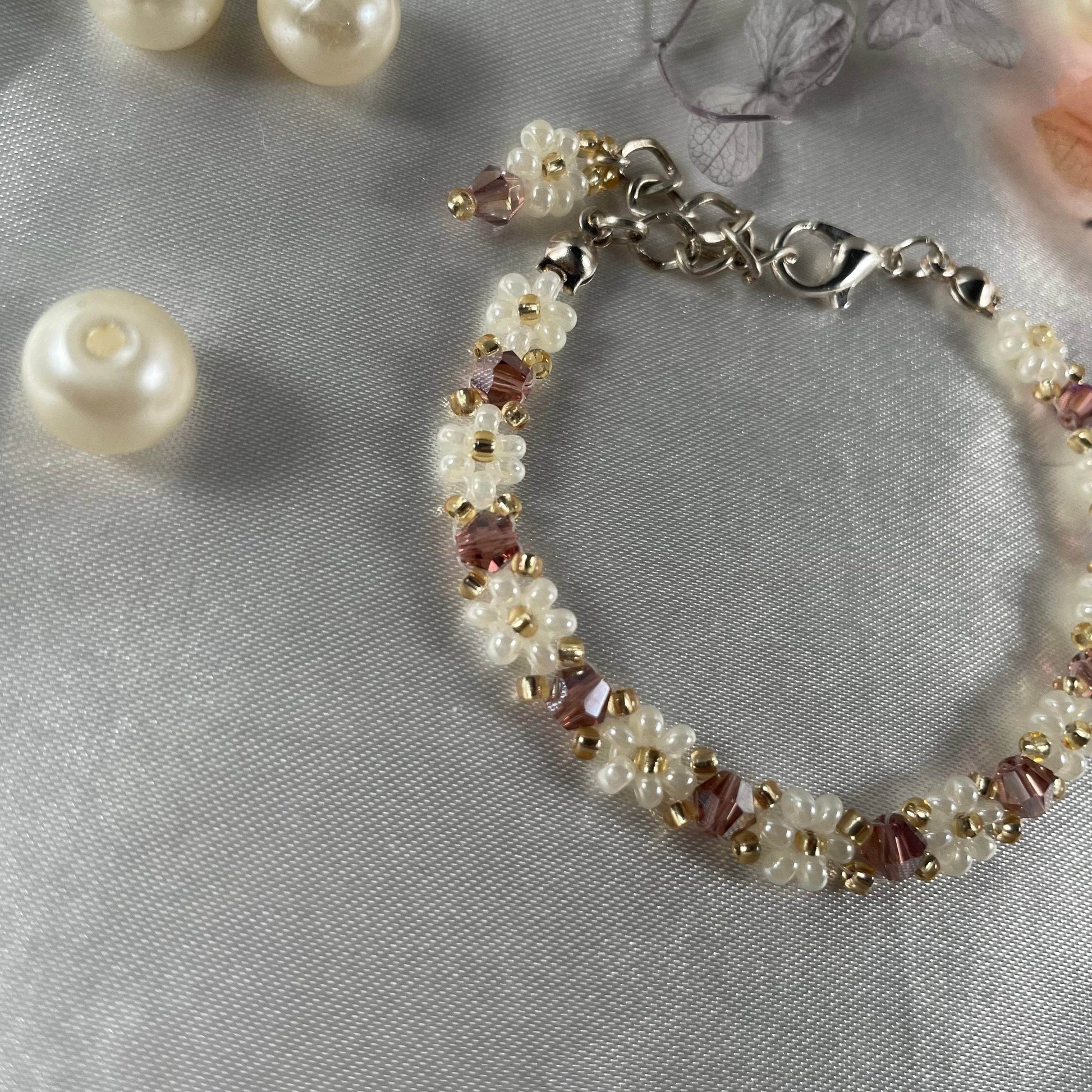 Daisy Flowers bracelet Bicon Crystal| Dark Mauve Crystal and Off-White, Golden beads - Fatatun