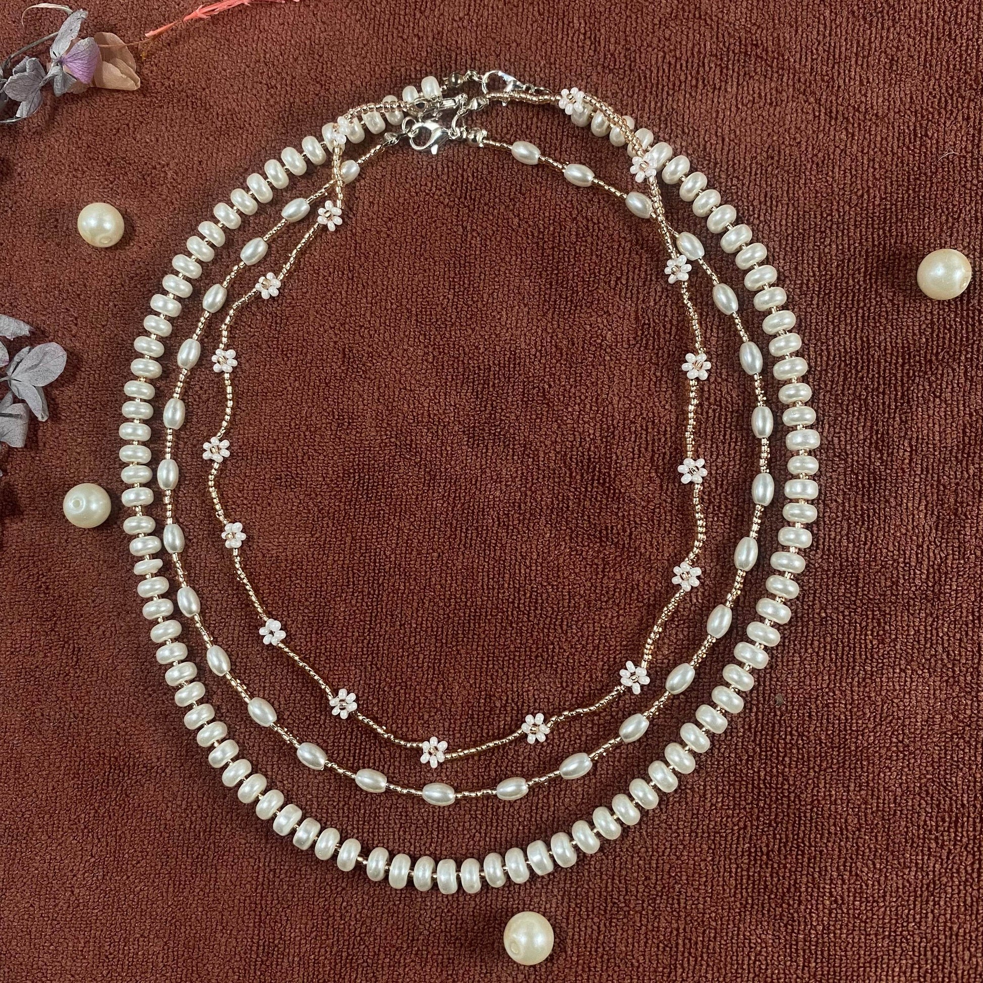 Necklace set 3 piece | Made with pearls and rose gold seed beads - Fatatun