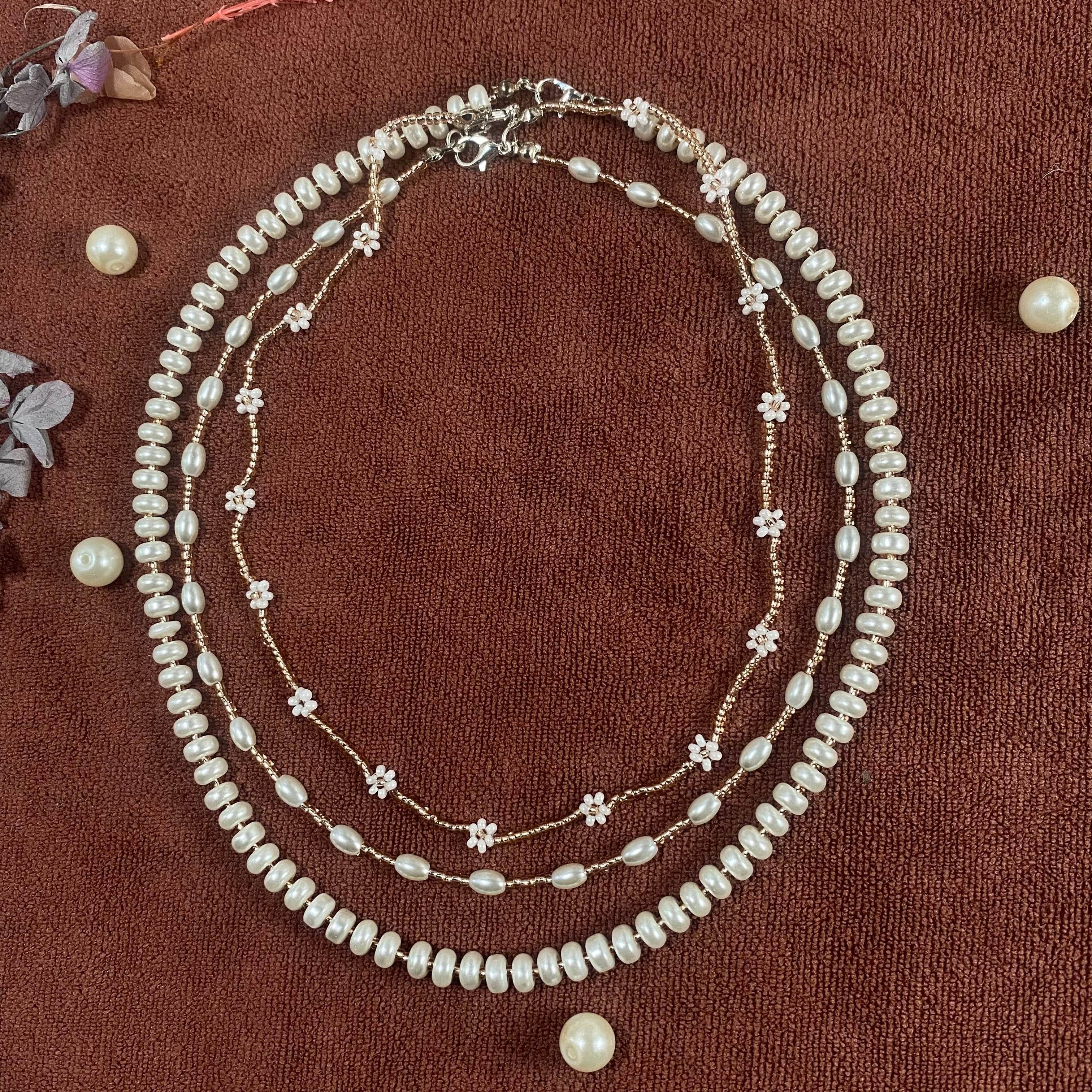 Necklace set 3 piece | Made with pearls and rose gold seed beads - Fatatun