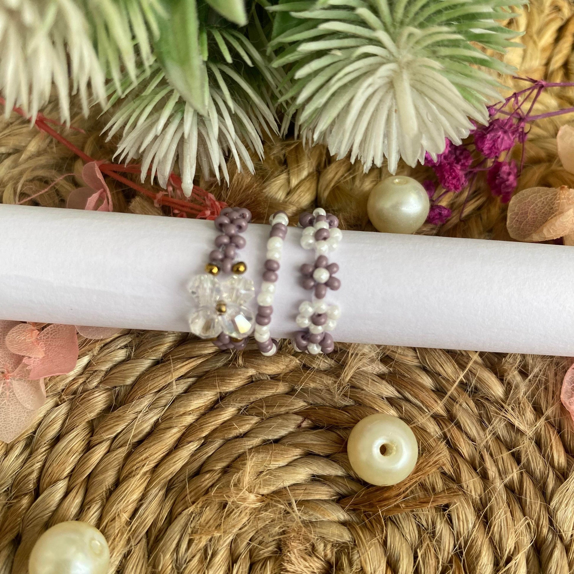 Flower Seed bead rings set of 3 - Fatatun