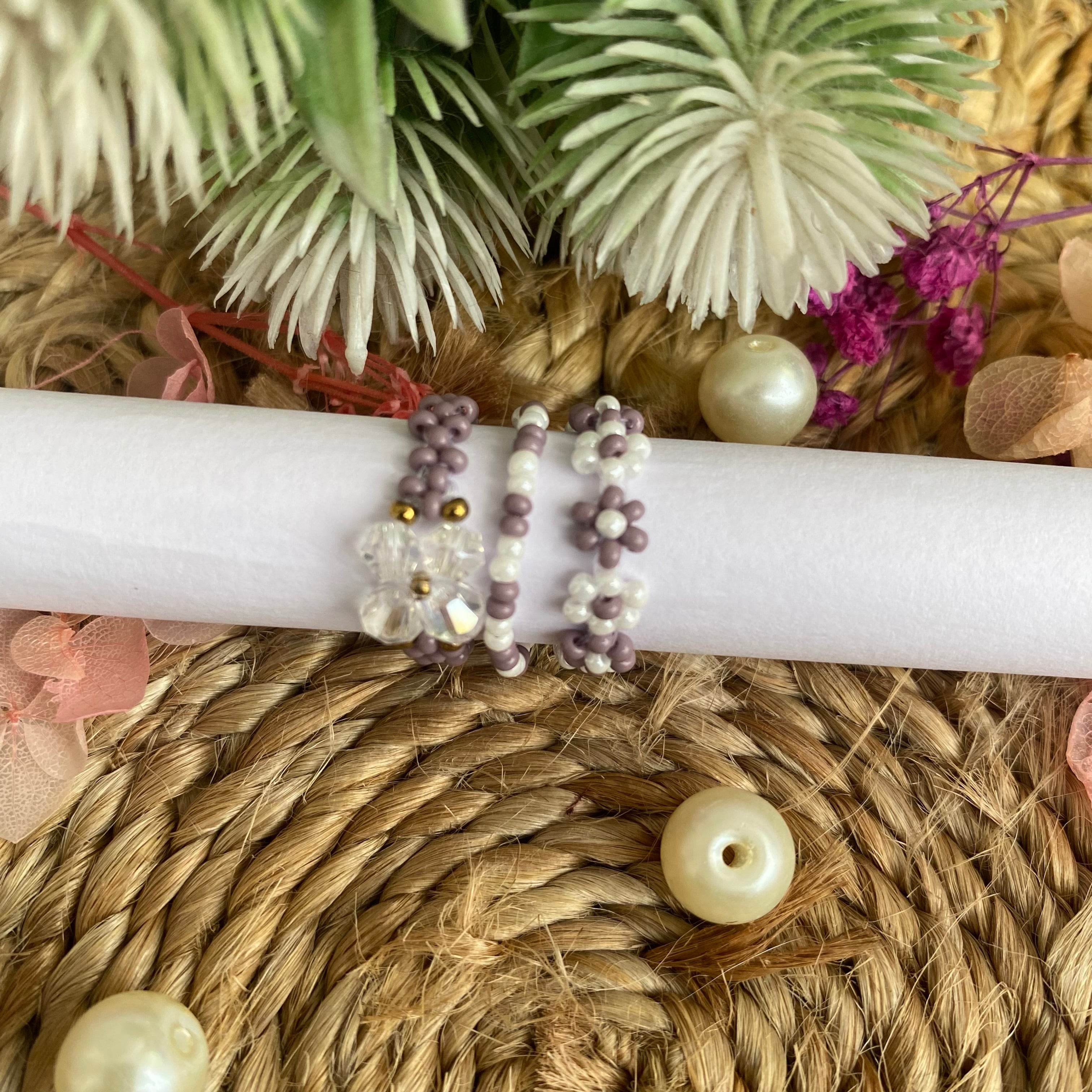 Flower Seed bead rings set of 3 - Fatatun