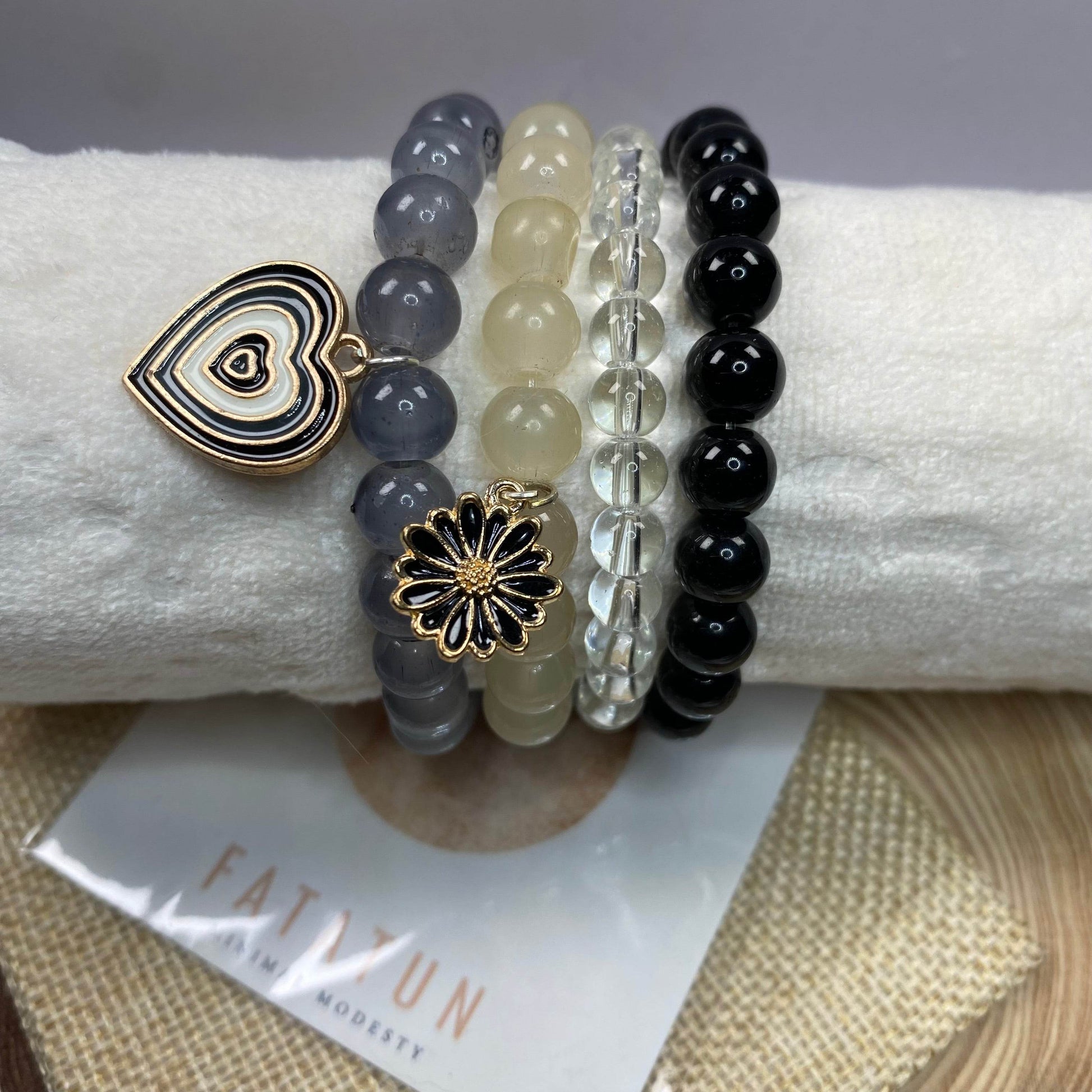 Stack bracelets set of 4 with Charms grey black - Fatatun