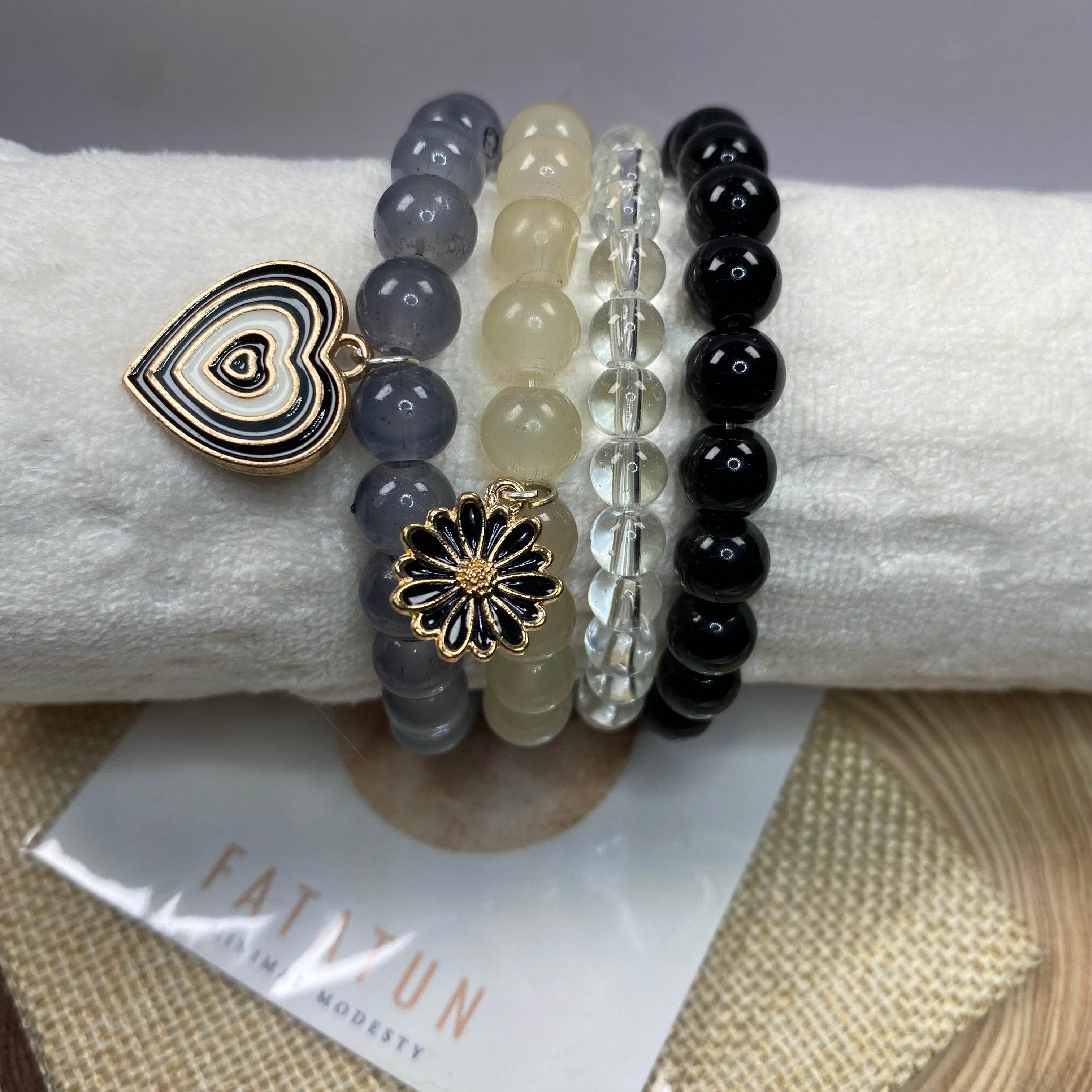 Stack bracelets set of 4 with Charms grey black - Fatatun