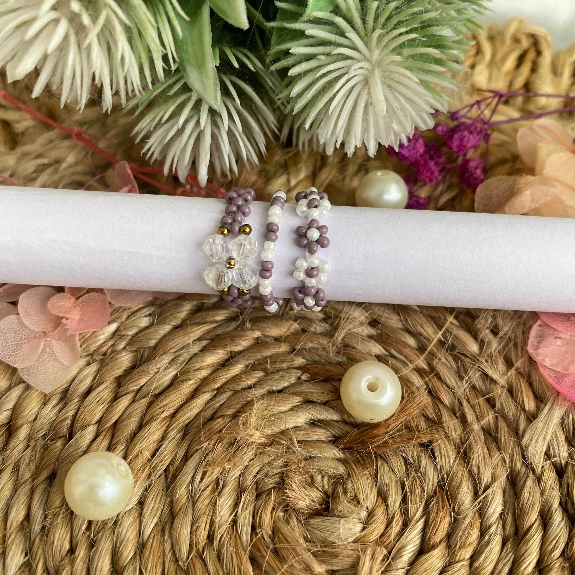 Flower Seed bead rings set of 3 - Fatatun