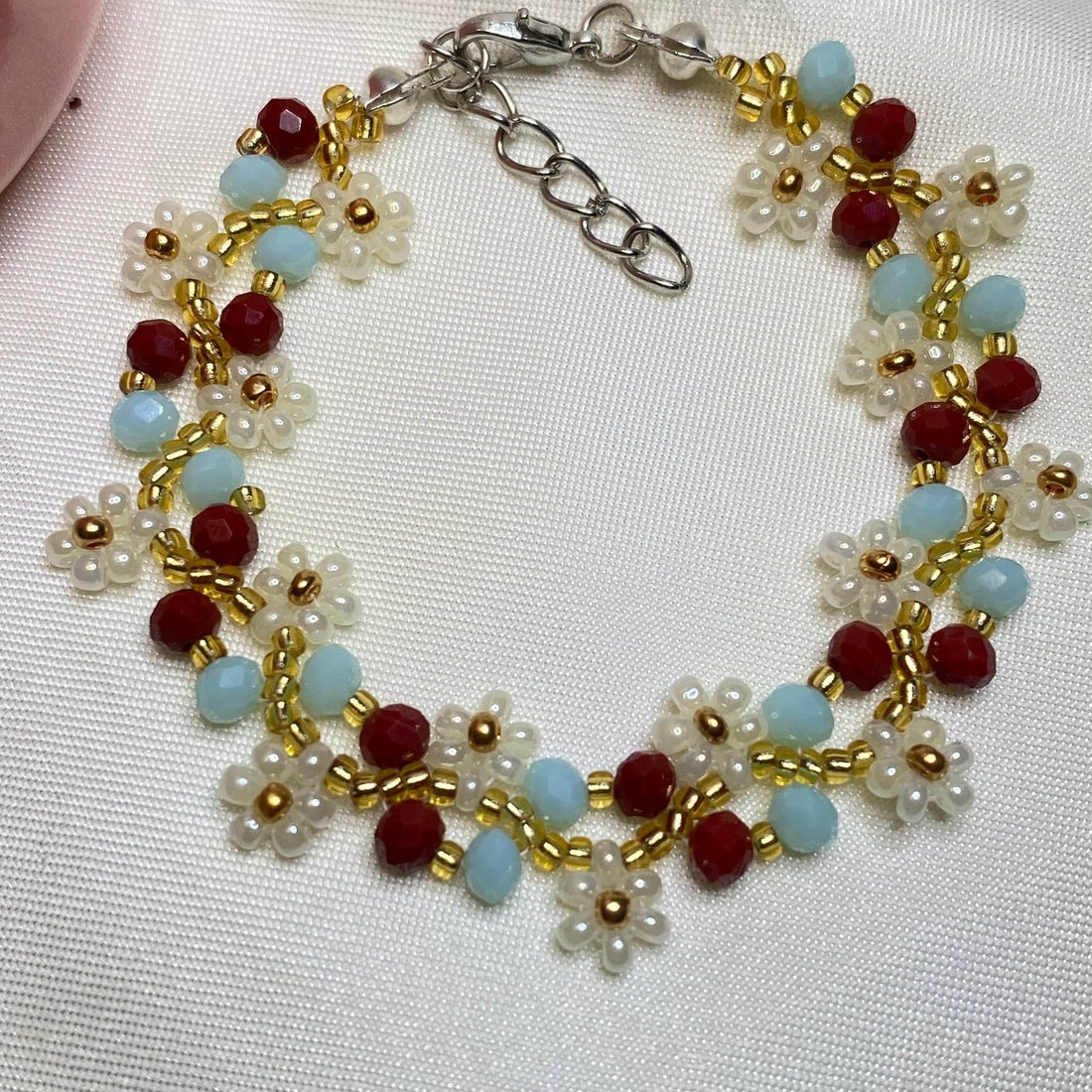 Daisy Flowers Bracelet | sea Blue with copper red | Double Daisy Design - Fatatun