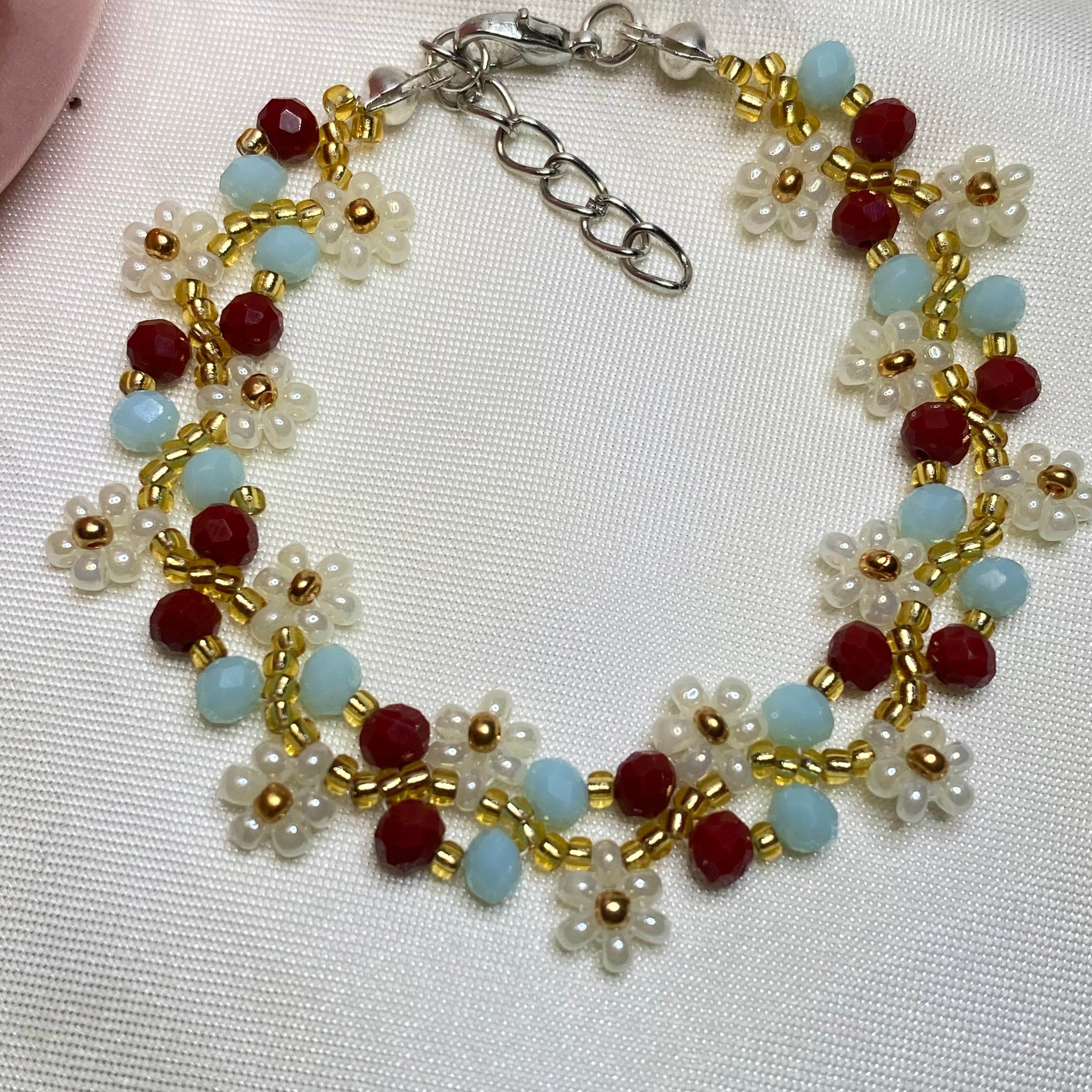 Daisy Flowers Bracelet | sea Blue with copper red | Double Daisy Design - Fatatun