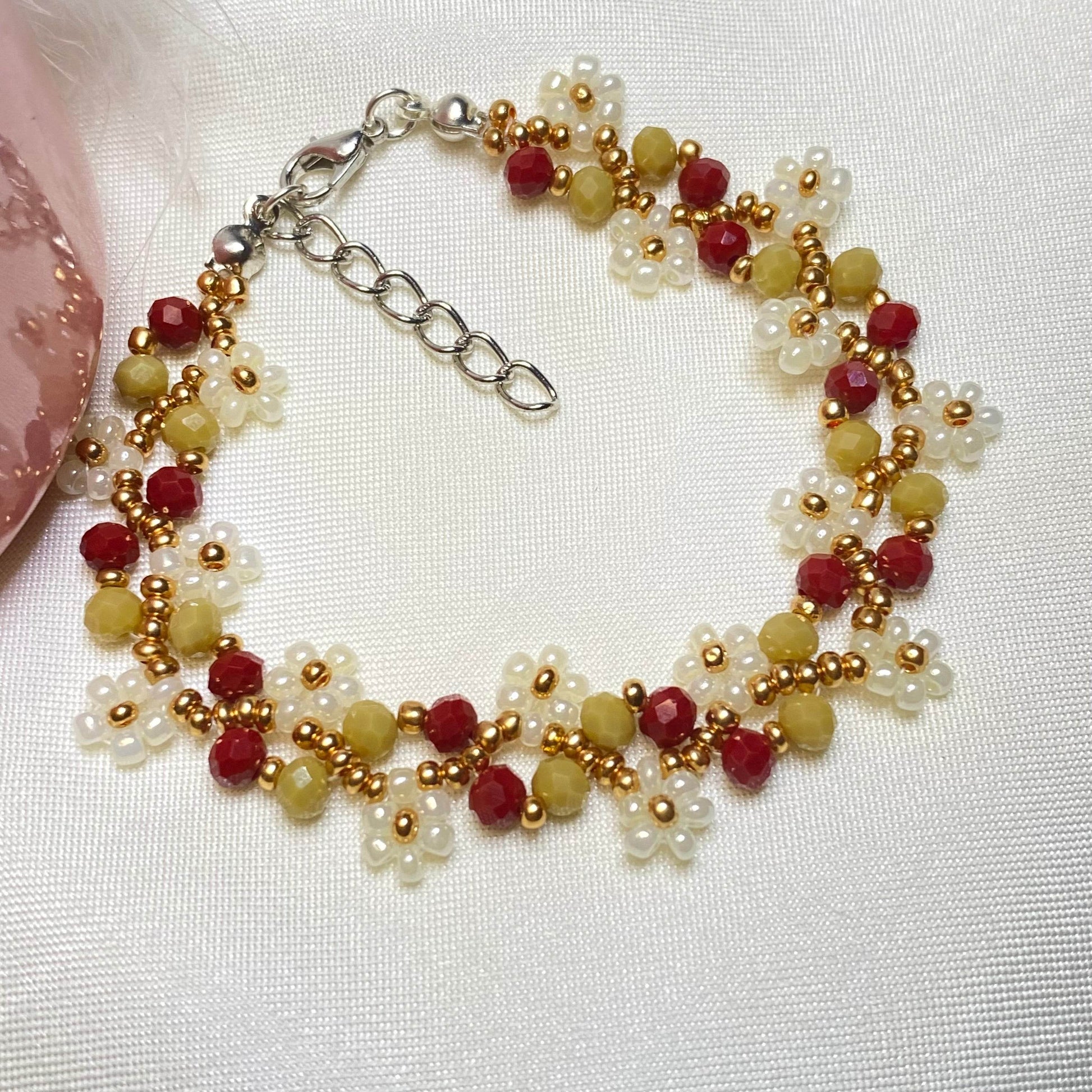 Daisy Flowers Bracelet Copper Red & Mustard | Double Daisy Design - Fatatun