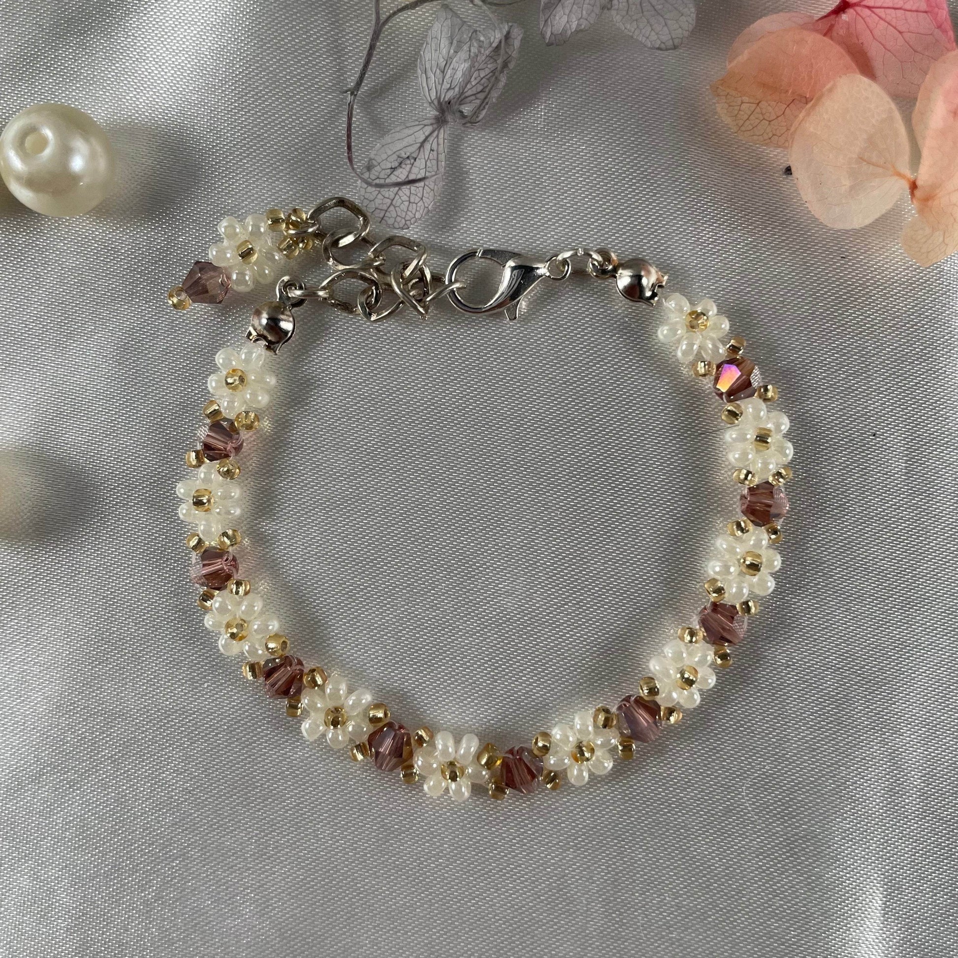 Daisy Flowers bracelet Bicon Crystal| Dark Mauve Crystal and Off-White, Golden beads - Fatatun