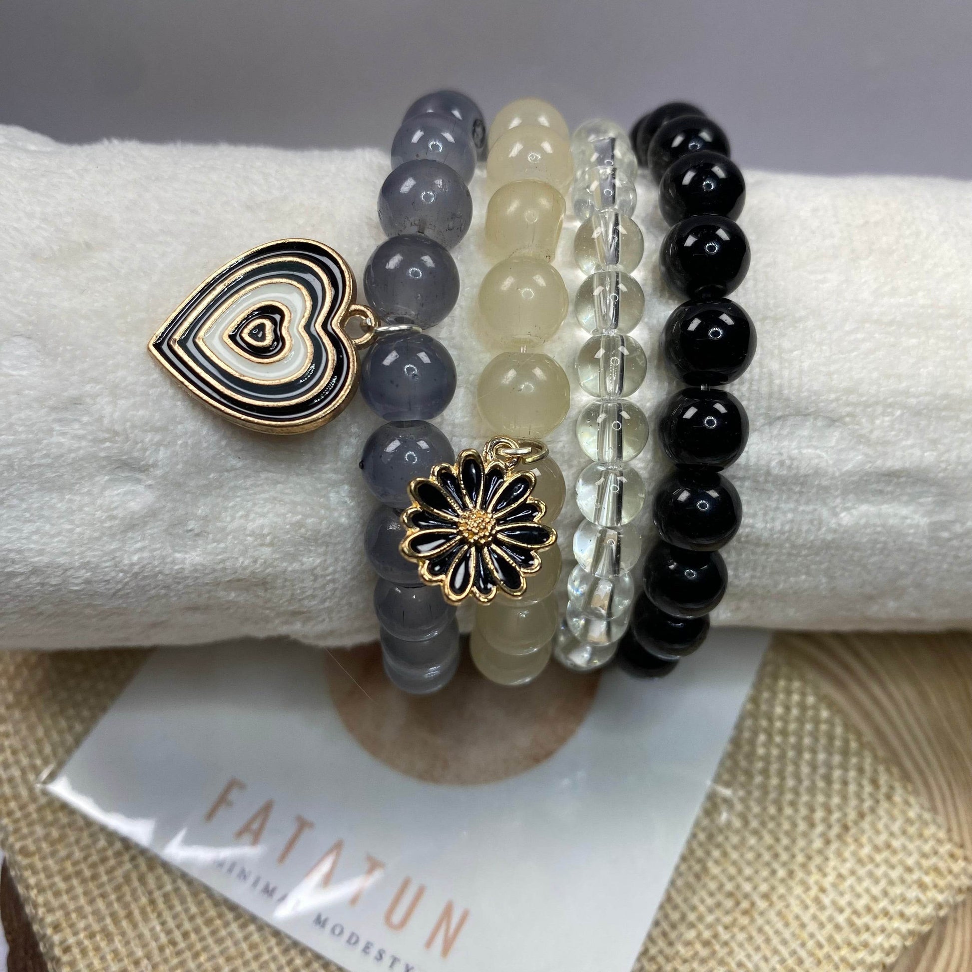 Stack bracelets set of 4 with Charms grey black - Fatatun