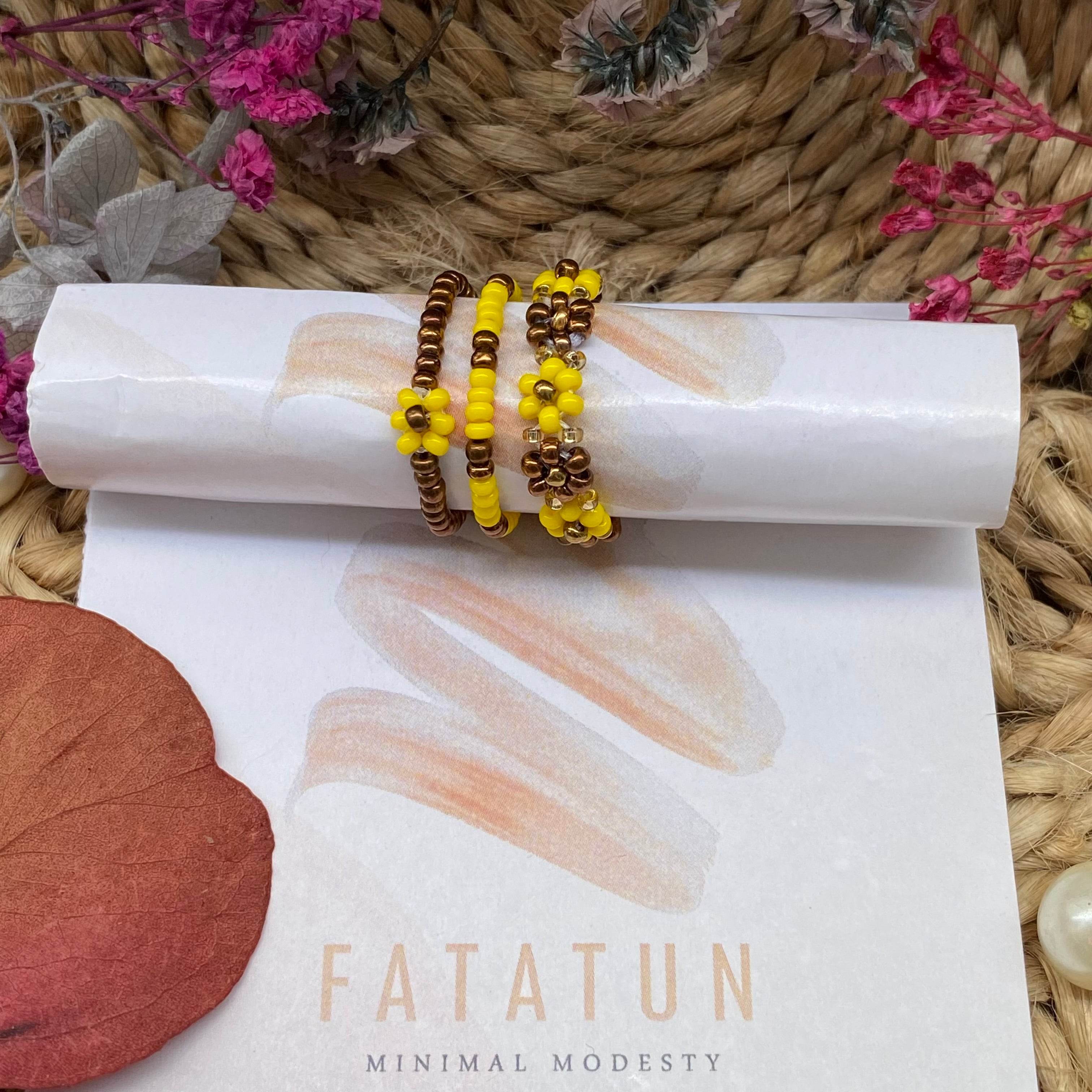 Yellow and rusty golden daisy rings set of 3 - Fatatun