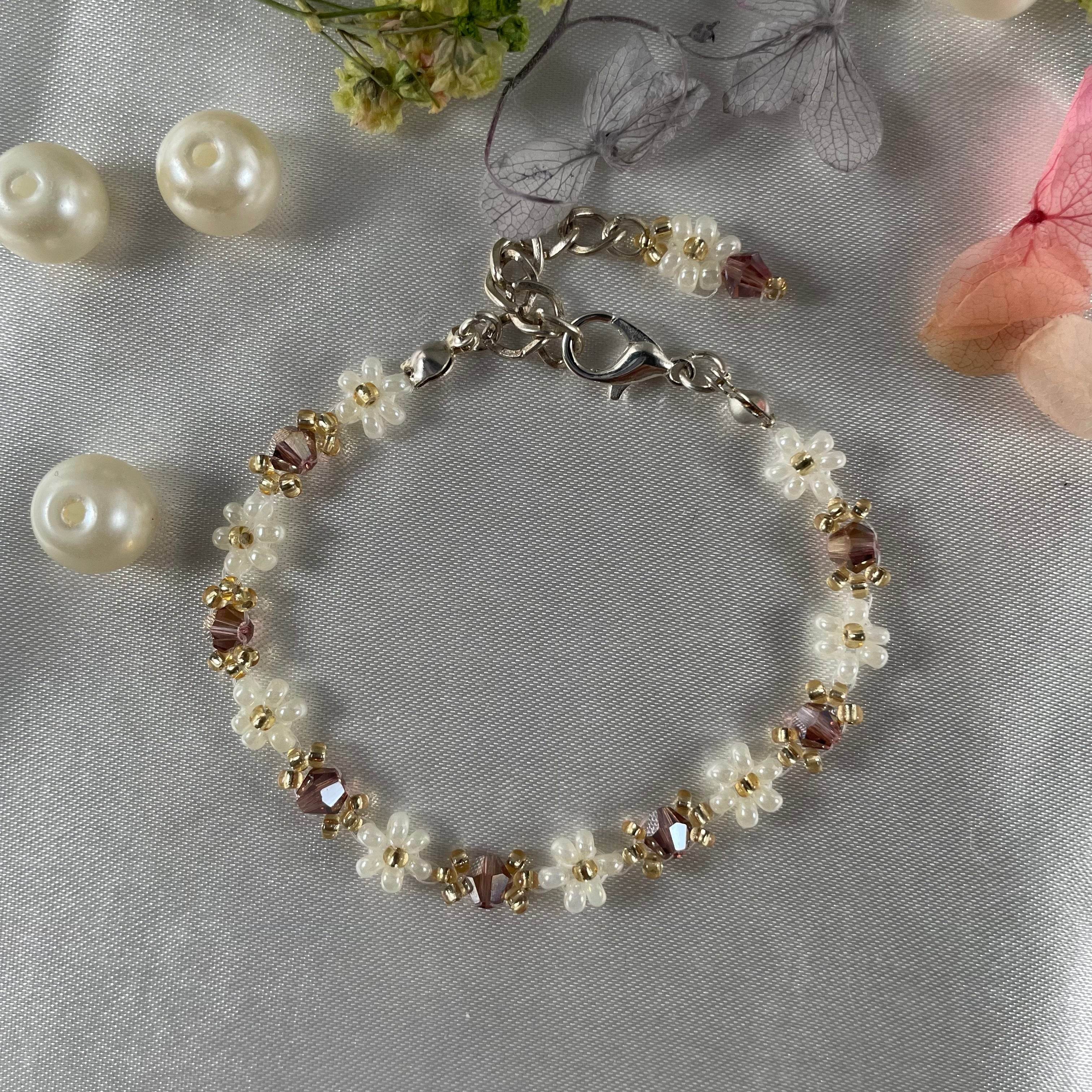 Daisy Flowers bracelet with Crystal made with colour Light Brown - Fatatun