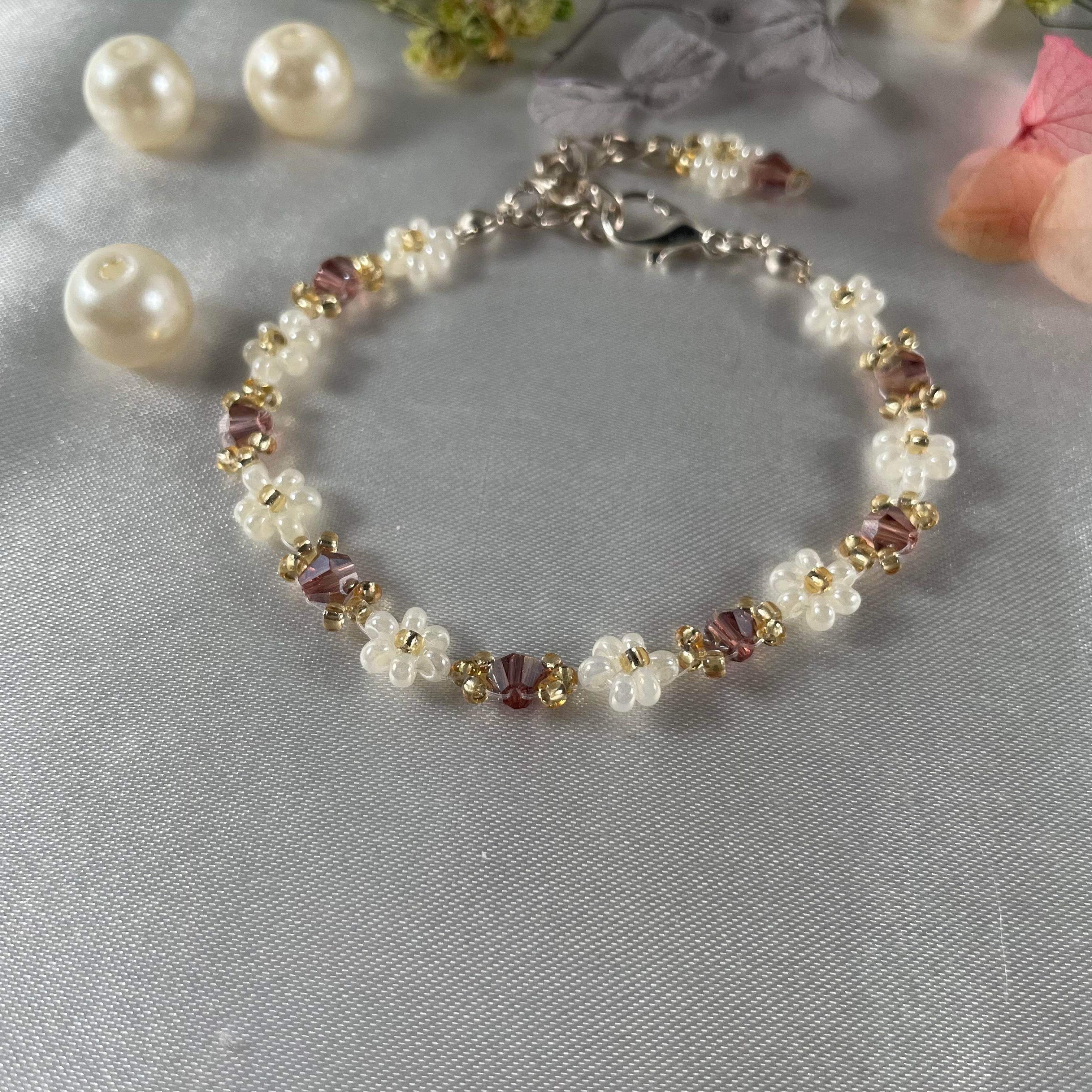 Daisy Flowers bracelet with Crystal made with colour Light Brown - Fatatun