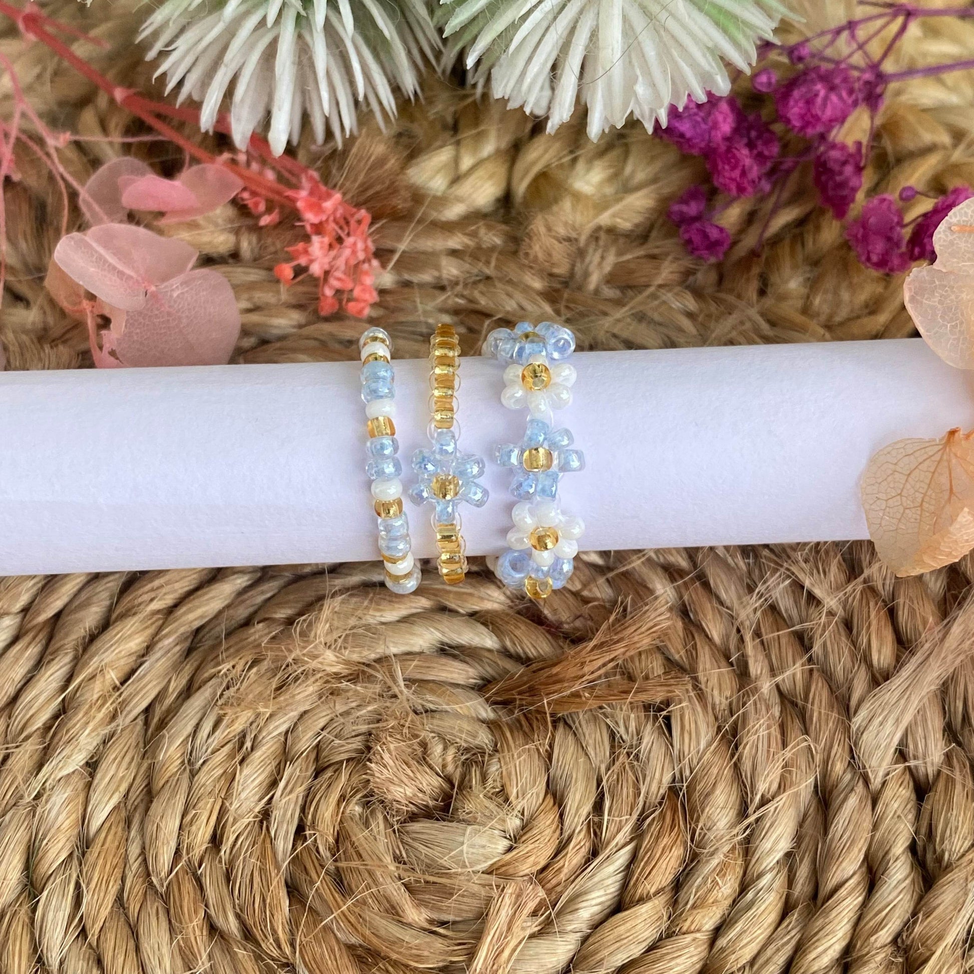 Flower beaded rings set of 3 - Fatatun