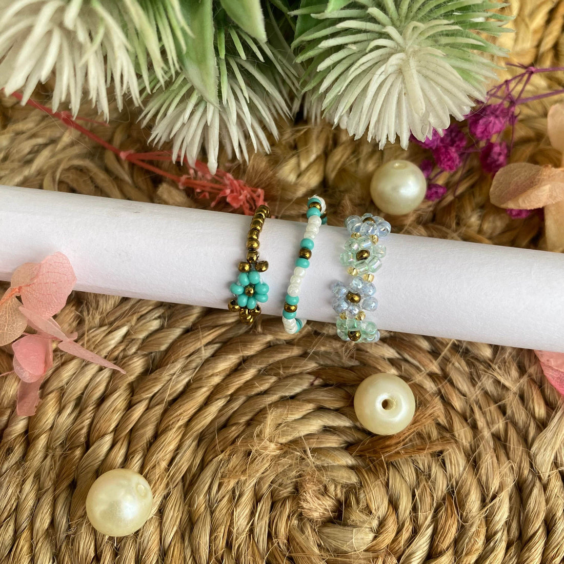 Green and golden seed bead rings set of 3 - Fatatun