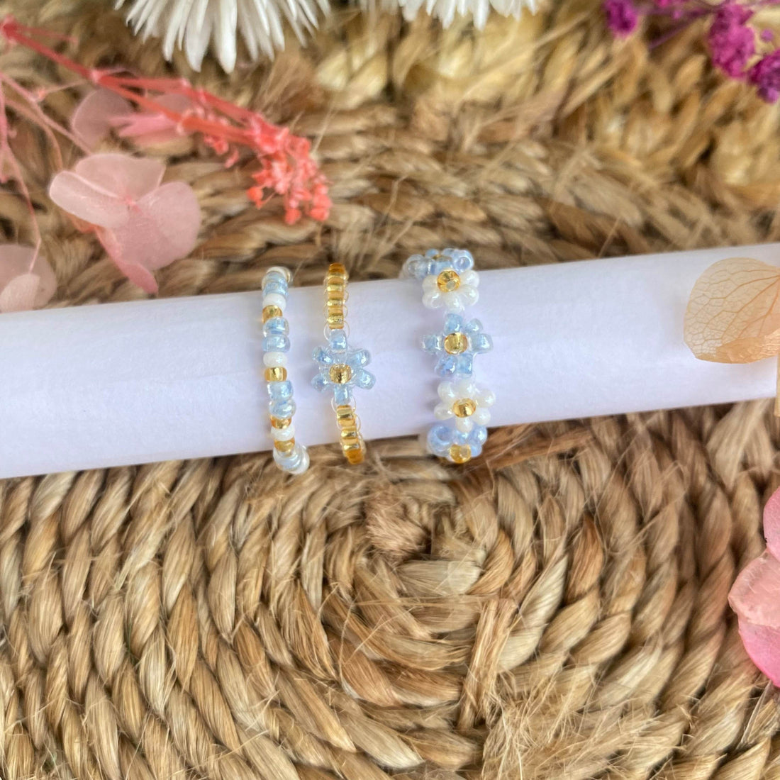 Flower beaded rings set of 3 - Fatatun