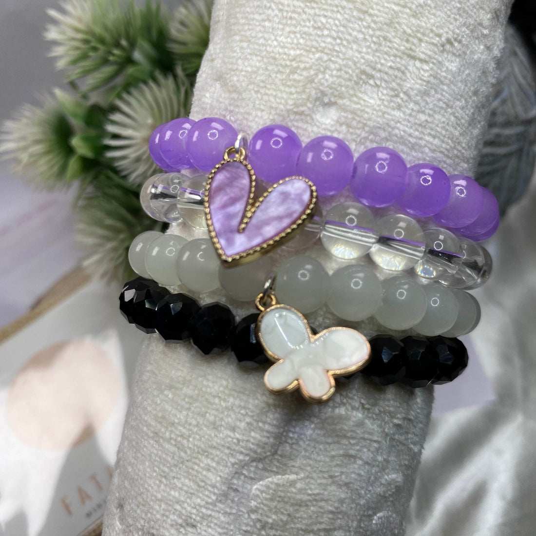 Stack Bracelets| Purple and Black bead with Chrams - Fatatun