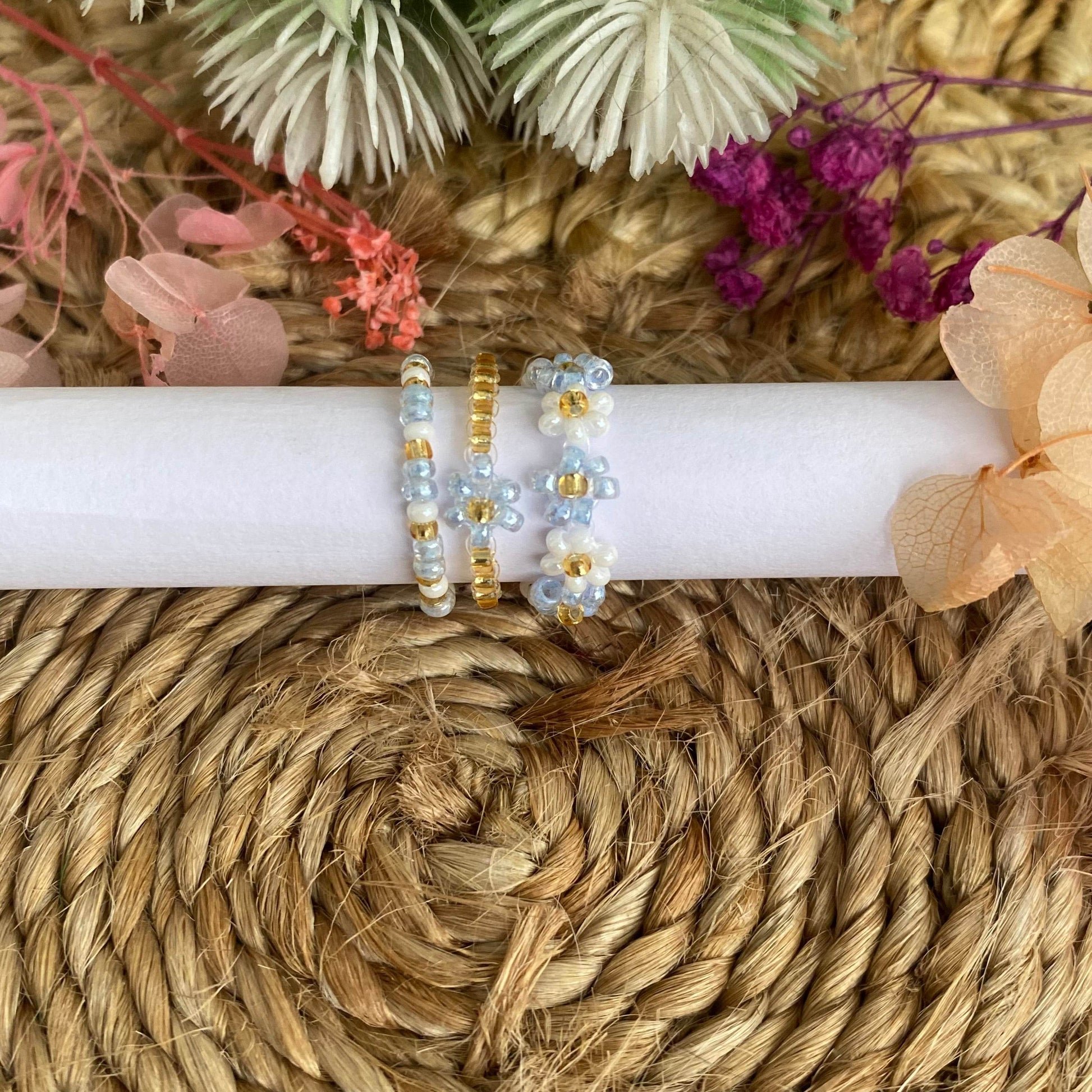 Flower beaded rings set of 3 - Fatatun
