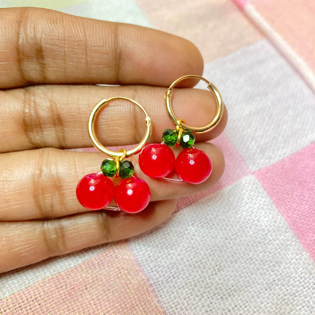 Sweet Cherry Bliss: Adorable Gold Hoop Earrings with Red Bead - Fatatun