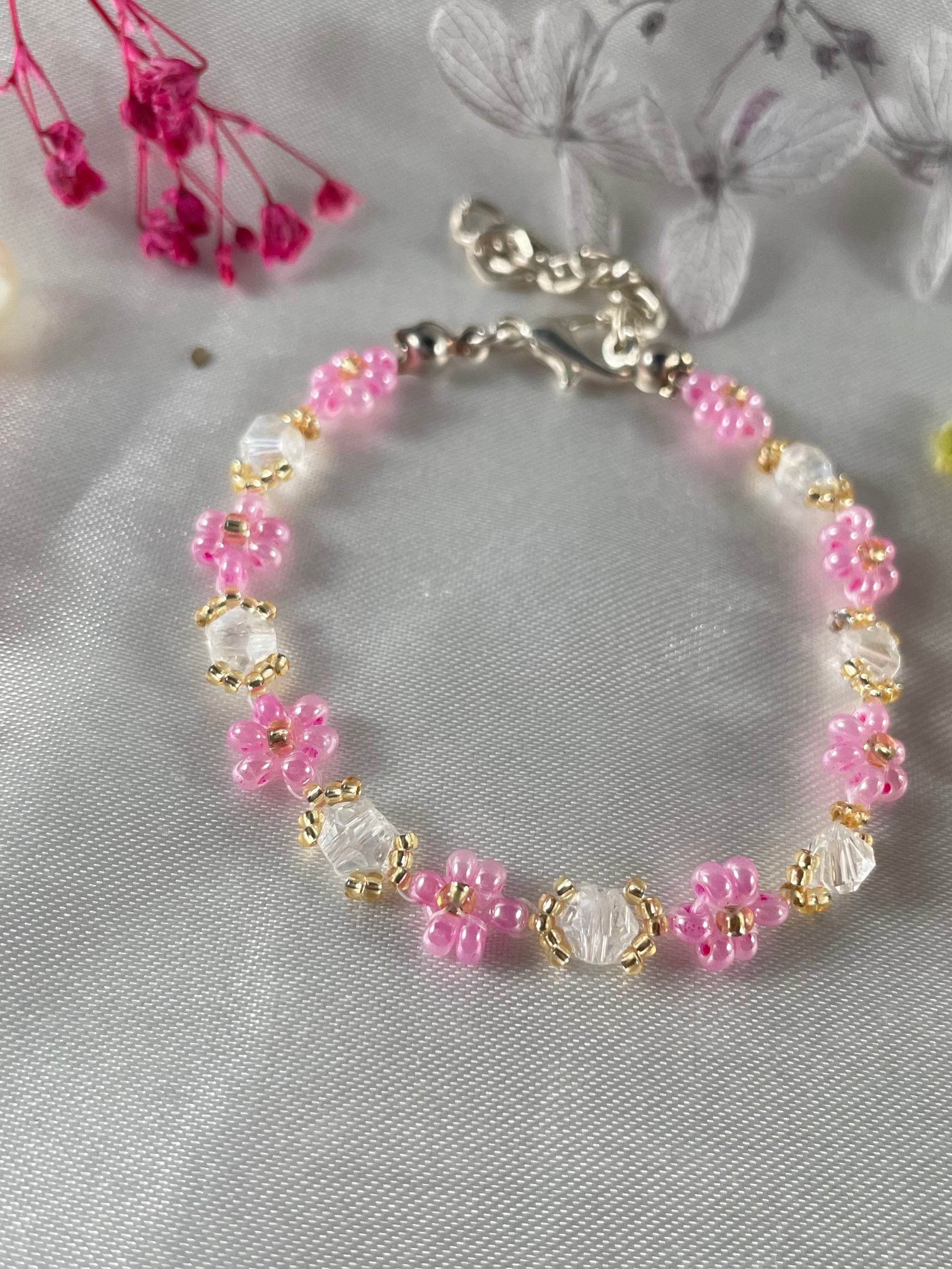 Daisy Flowers bracelet Bicon Crystal | Transparent crystal, pink seed beads - Fatatun