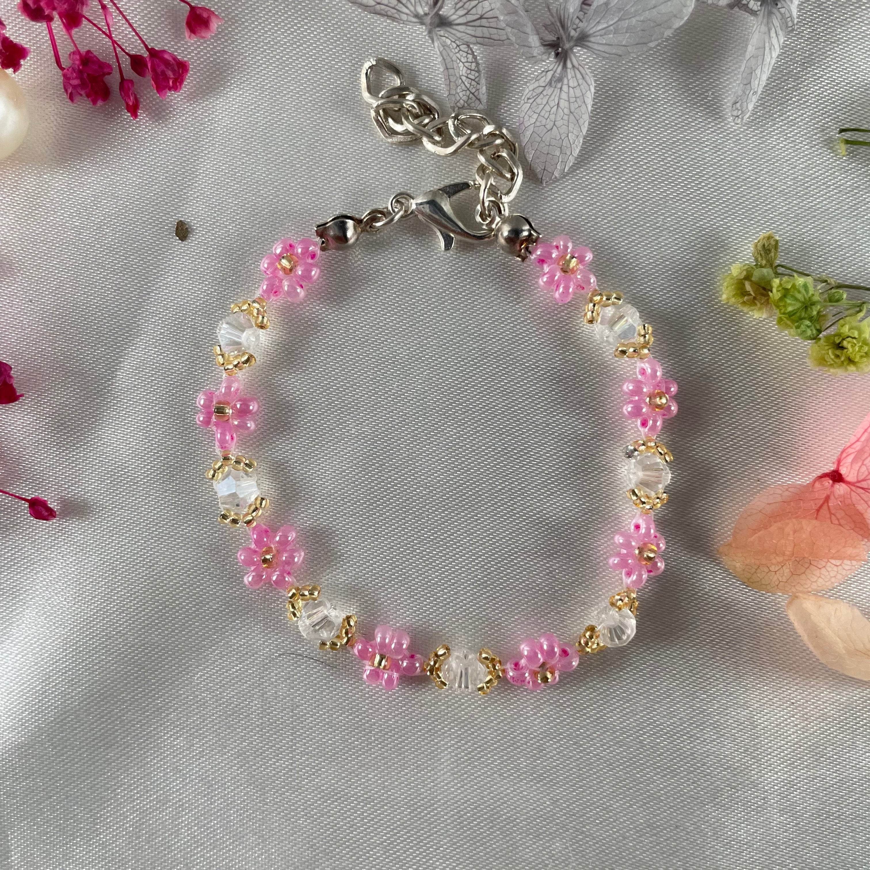 Daisy Flowers bracelet Bicon Crystal | Transparent crystal, pink seed beads - Fatatun