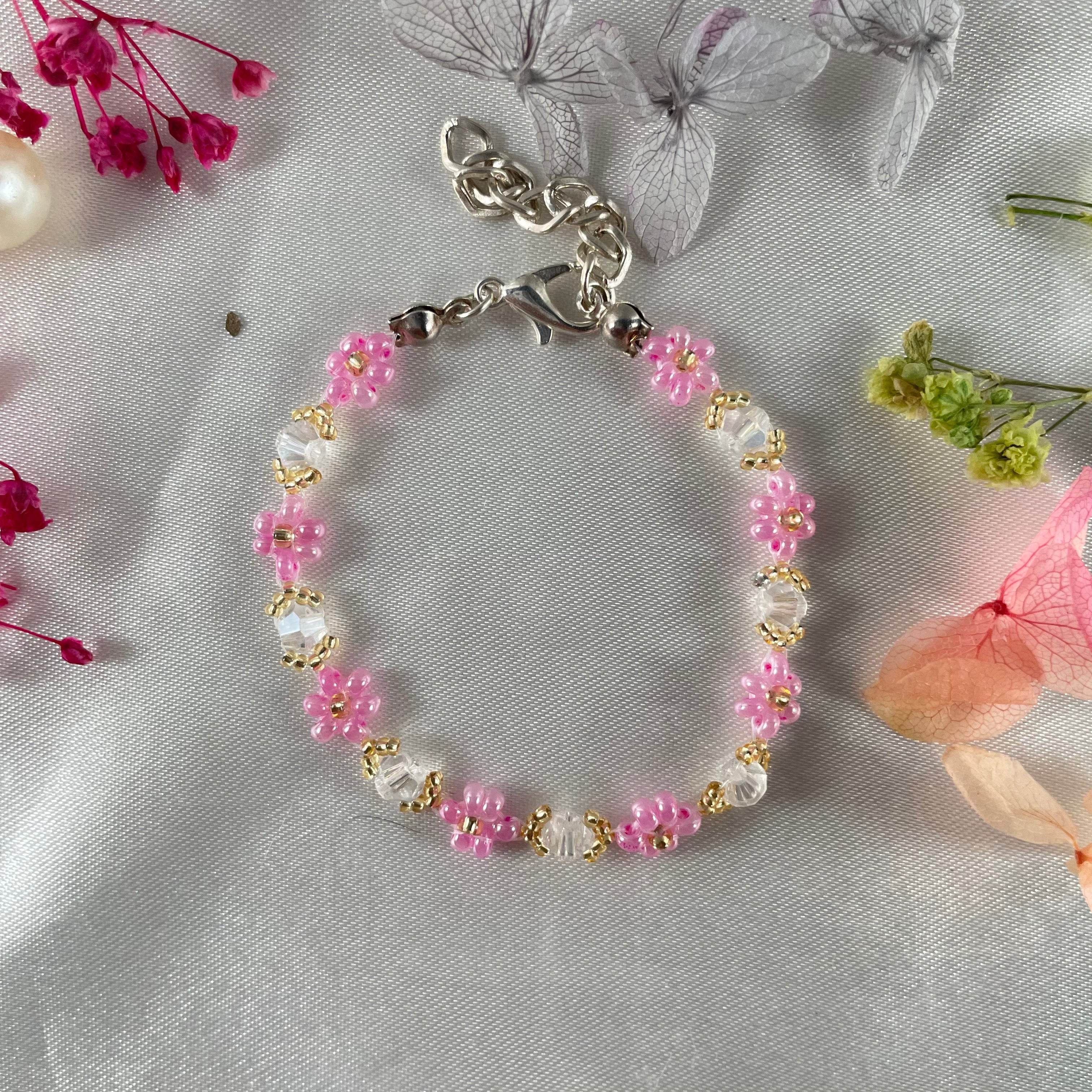 Daisy Flowers bracelet Bicon Crystal | Transparent crystal, pink seed beads - Fatatun