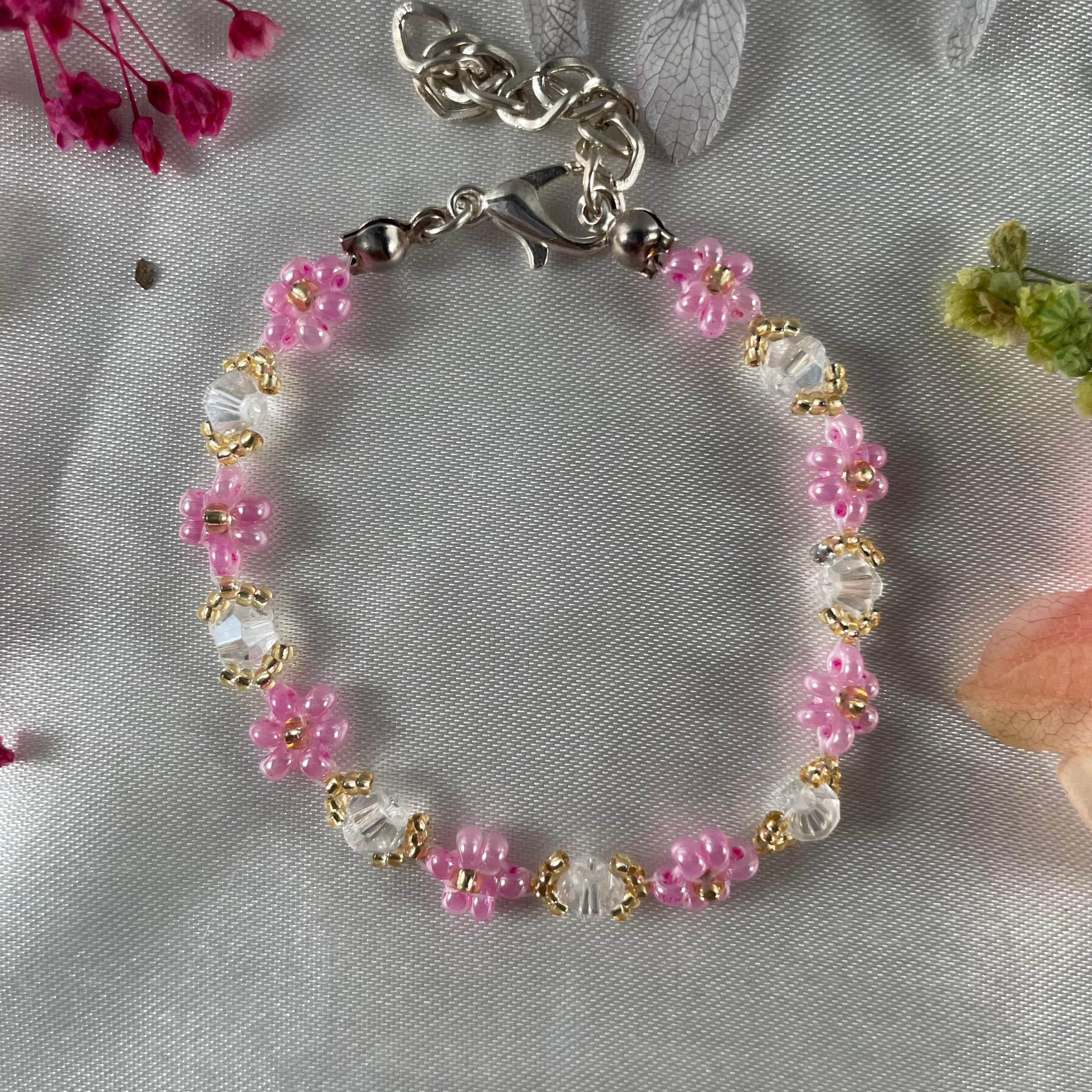 Daisy Flowers bracelet Bicon Crystal | Transparent crystal, pink seed beads - Fatatun